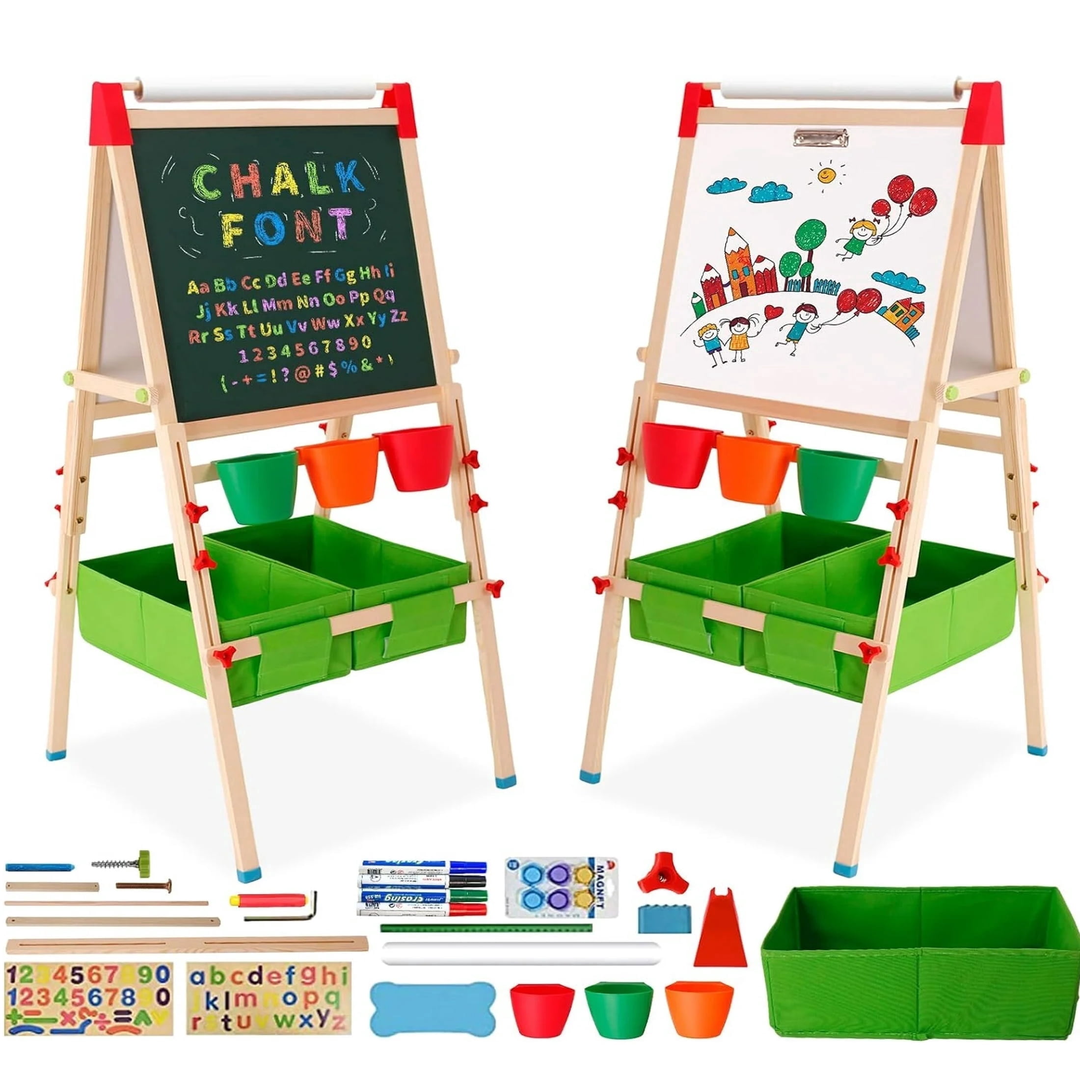 Ealing All-in-One Kids Art Easel with Paper Roll and Storage Bins, Double-Sided Height Adjustable Magnetic Whiteboard and Chalkboard (Green, 195 in Paper) k8dbf