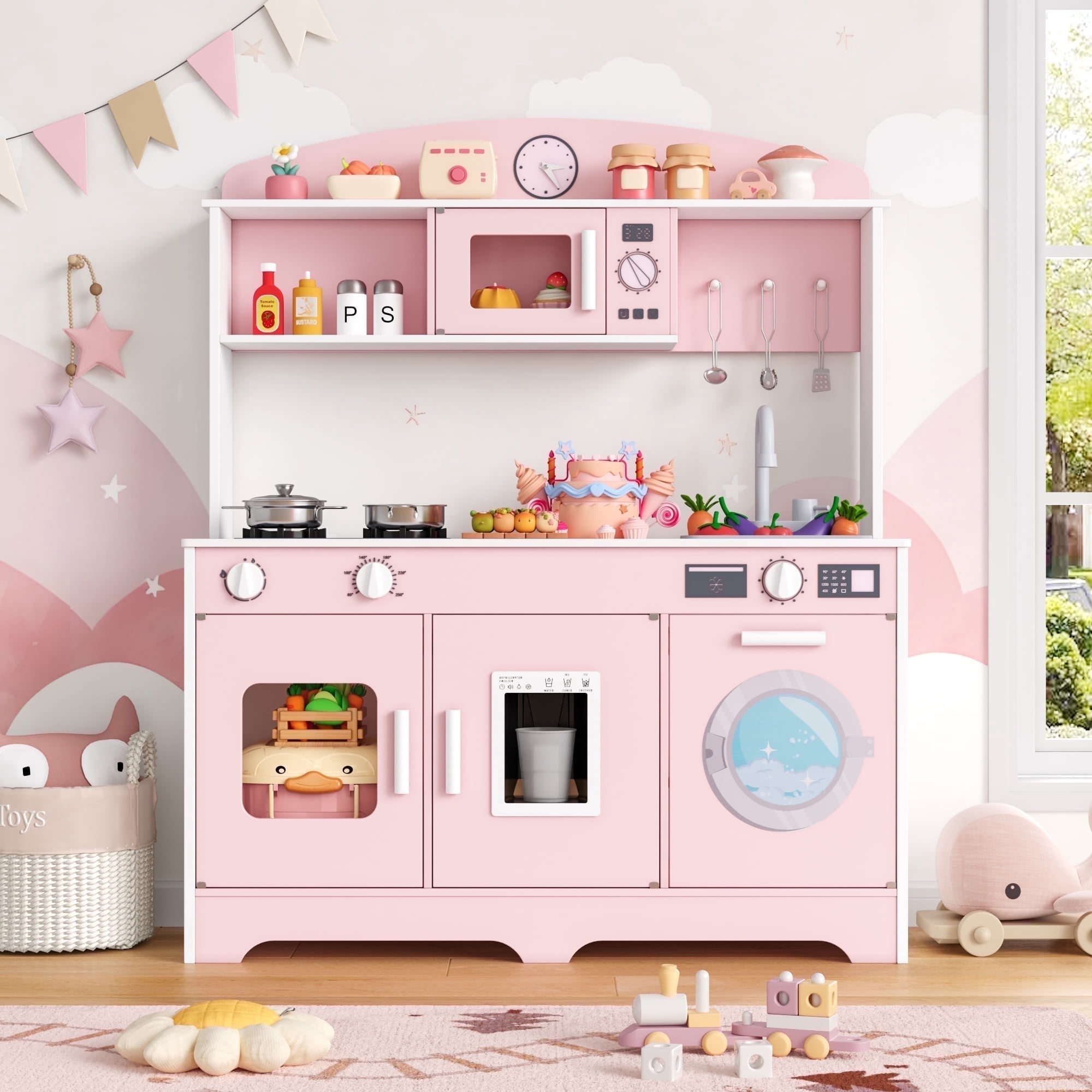 Hiphuta Wooden Kids Play Kitchen Set with 11 Accessories, Interactive Pretend Cooking Station (Pink, 1 Set) rk68r
