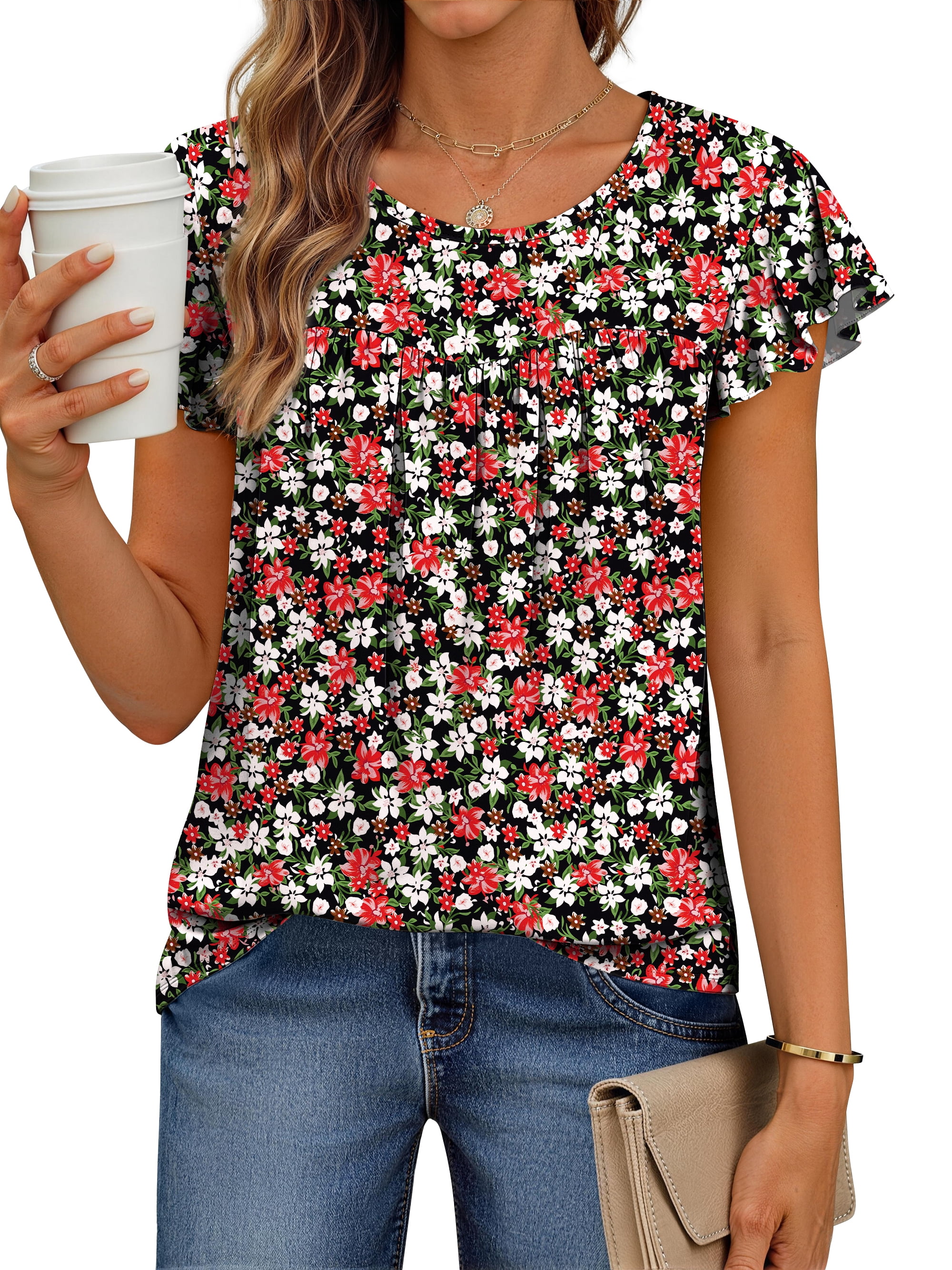 Fantaslook Womens Floral Blouse Dressy Casual Pleated Tunic Top Ruffle Sleeve (White, L) 0h5c7