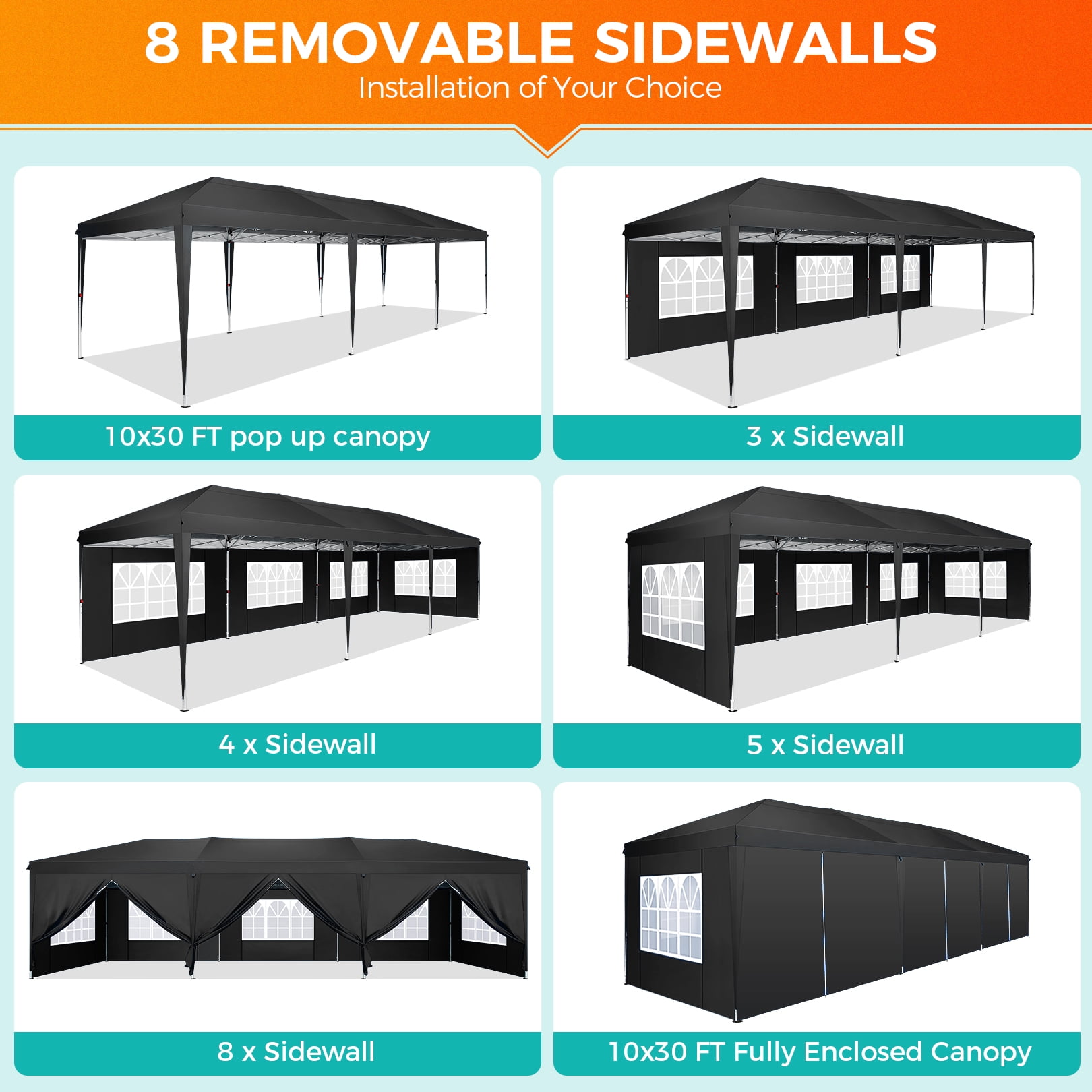 SANOPY 10 x 30 ft Pop Up Canopy Tent, Heavy-Duty Commercial Outdoor Shelter with 8 Removable Sidewalls and Carrying Bag (Black, 10 x 30 ft) oep66