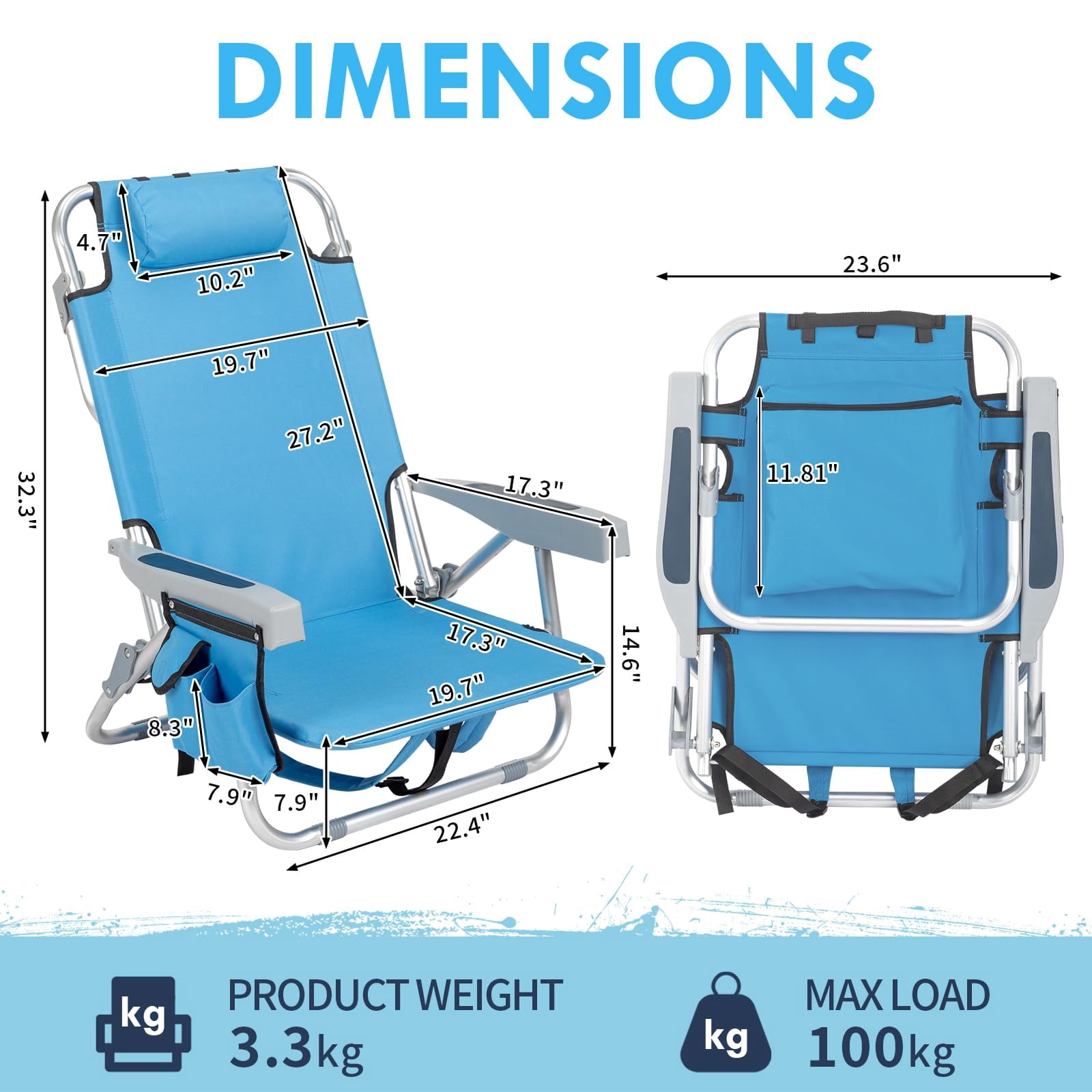Geemuslly Folding Backpack Beach Chair, 5-Position Recline Portable Aluminum Lounge Chair with Storage Pockets and Cup Holder (Blue, 330 lb Capacity) 3vg68