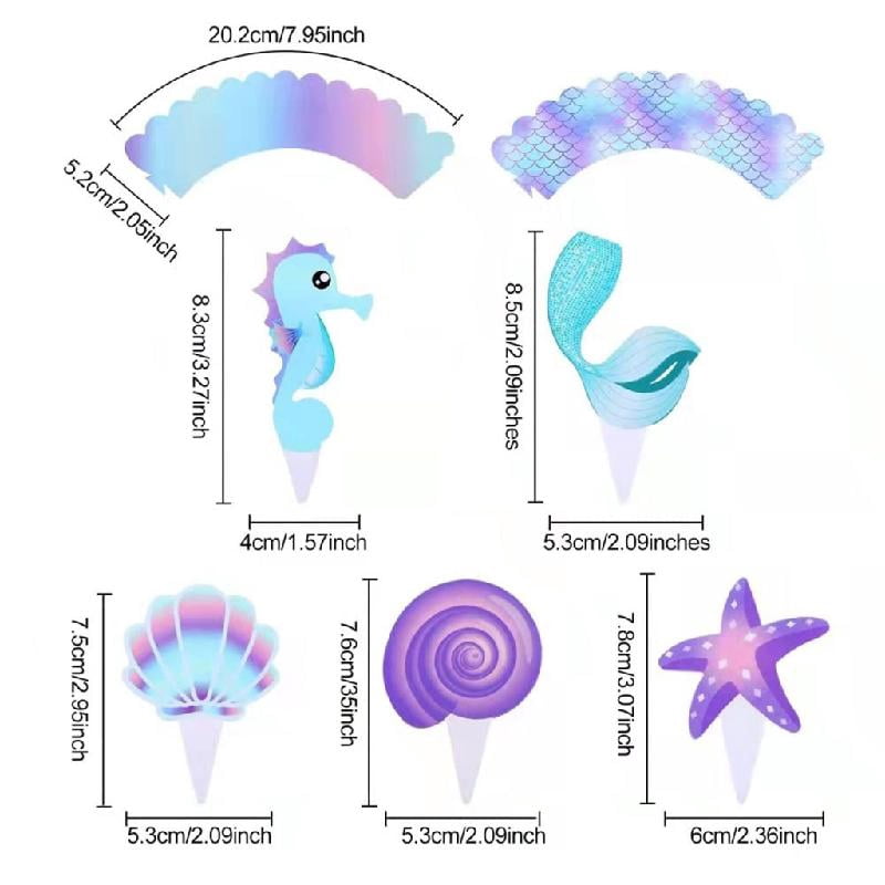 Zeiwohndc Mermaid Cupcake Toppers and Wrappers Set for Birthday Party Decorations (20 Pack) 461sx