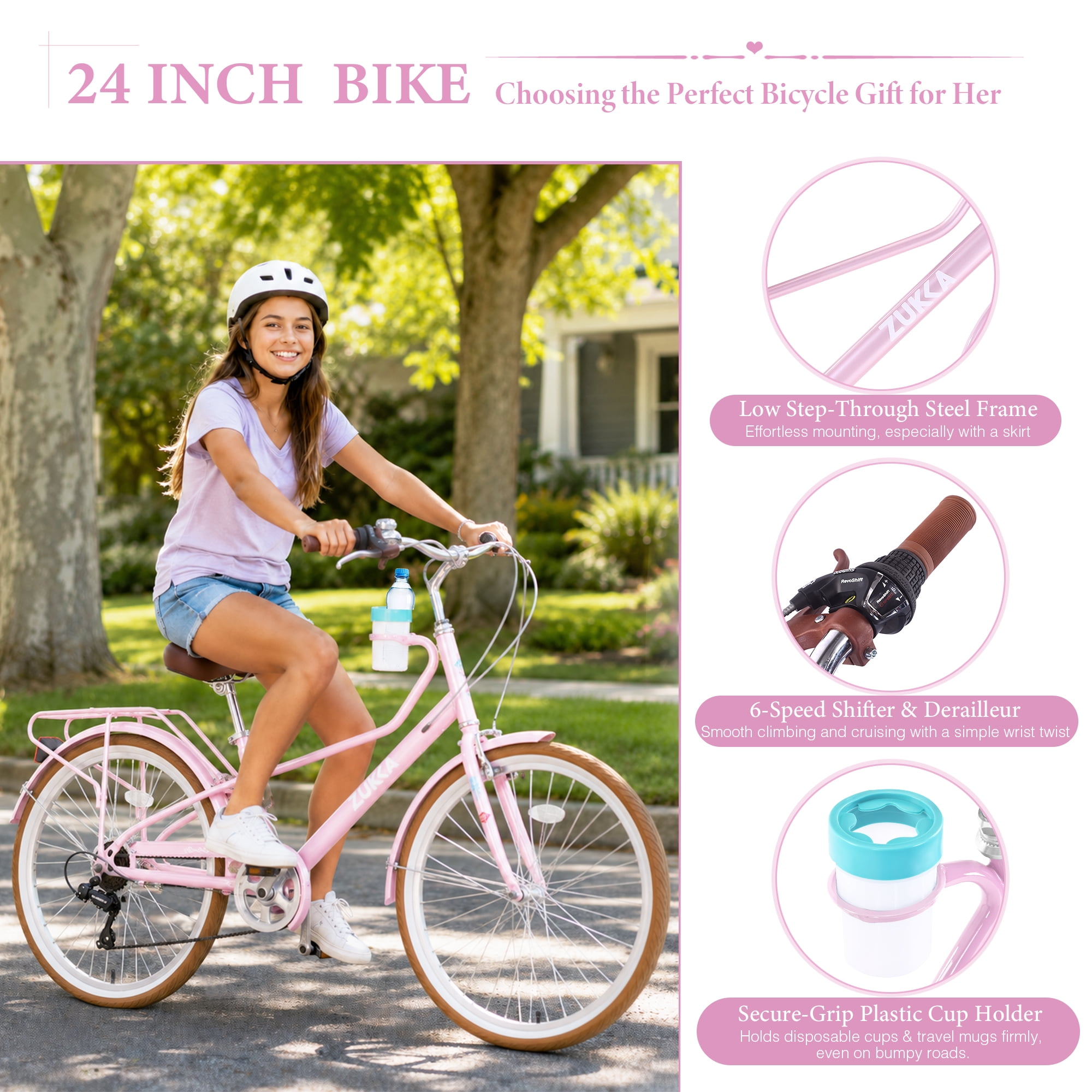 MEGHNA 24-inch Cruiser Bike 6-Speed Steel Frame Commuter Bicycle with Rear Rack and Cup Holder (Pink, 24 in) xhoso