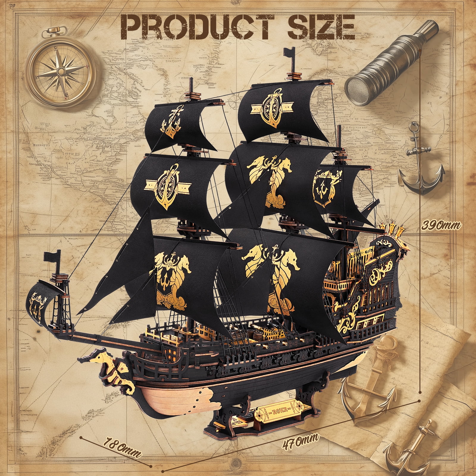 Robotime Wooden 3D Puzzle The Seahorse Barque Mechanical Model Kit (Black and Gold, 603 Pieces) 3snf6
