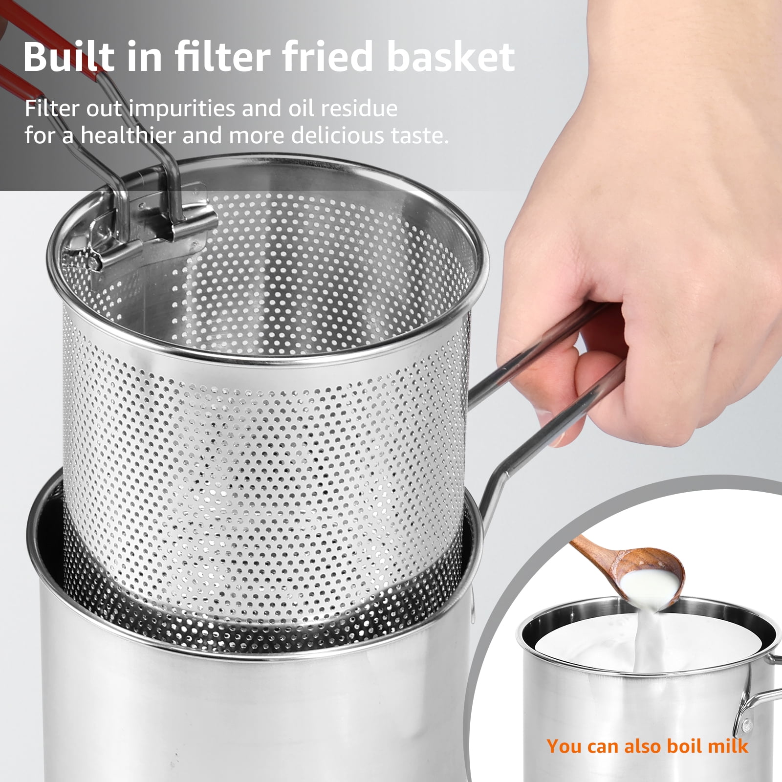 Evjurcn Stainless Steel Deep Fryer Pot with Strainer Basket and Lid (Silver, 5.12 in) 554q7