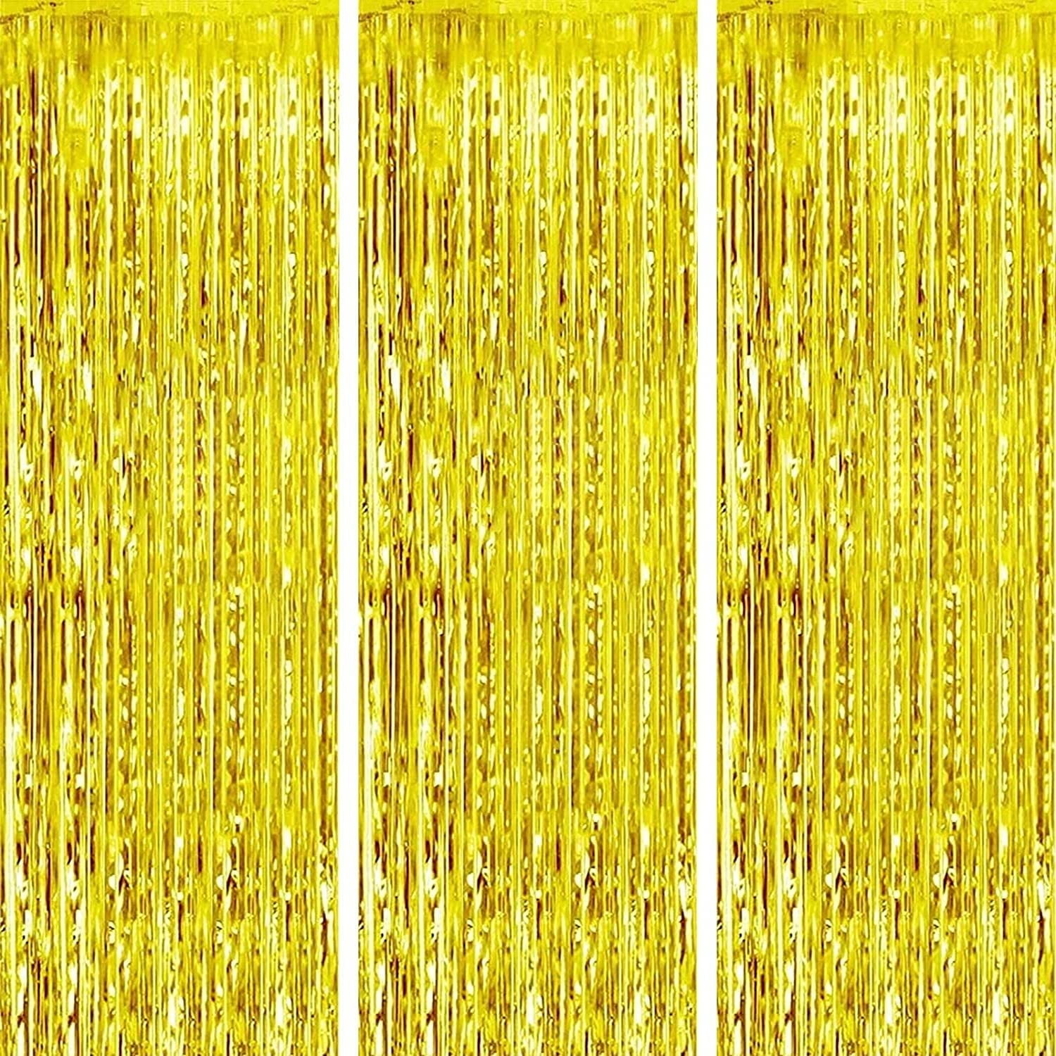 WATTNE Metallic Foil Fringe Curtains, Shiny Tinsel Photo Booth Backdrop for Party Decorations (Gold, 3 Pack, 3.3 ft x 6.6 ft) 43oyq