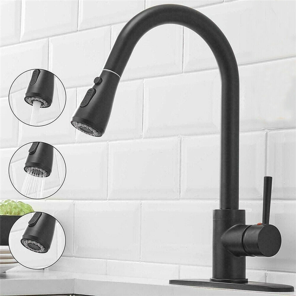 Senlesen High Arc Pull Down Kitchen Faucet with Sprayer and Deck Plate (Matte Black, 15.7 in) v1rit