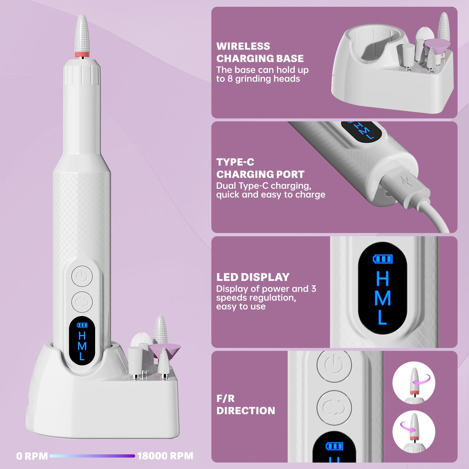 Cshidworld Electric Nail Drill Kit, Cordless Manicure Pedicure File with 12 Drill Bits & Wireless Charging Base (White) p2y0f