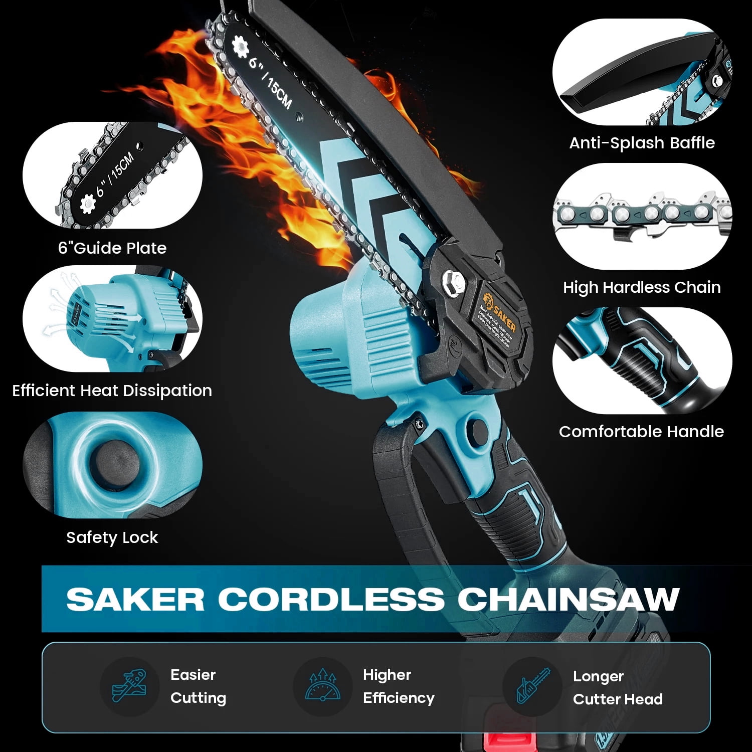 Saker 6 Inch Mini Chainsaw Cordless Electric Power Tool for Gardening and Tree Trimming (Blue, 2 Batteries and 2 Chains) qdbz9