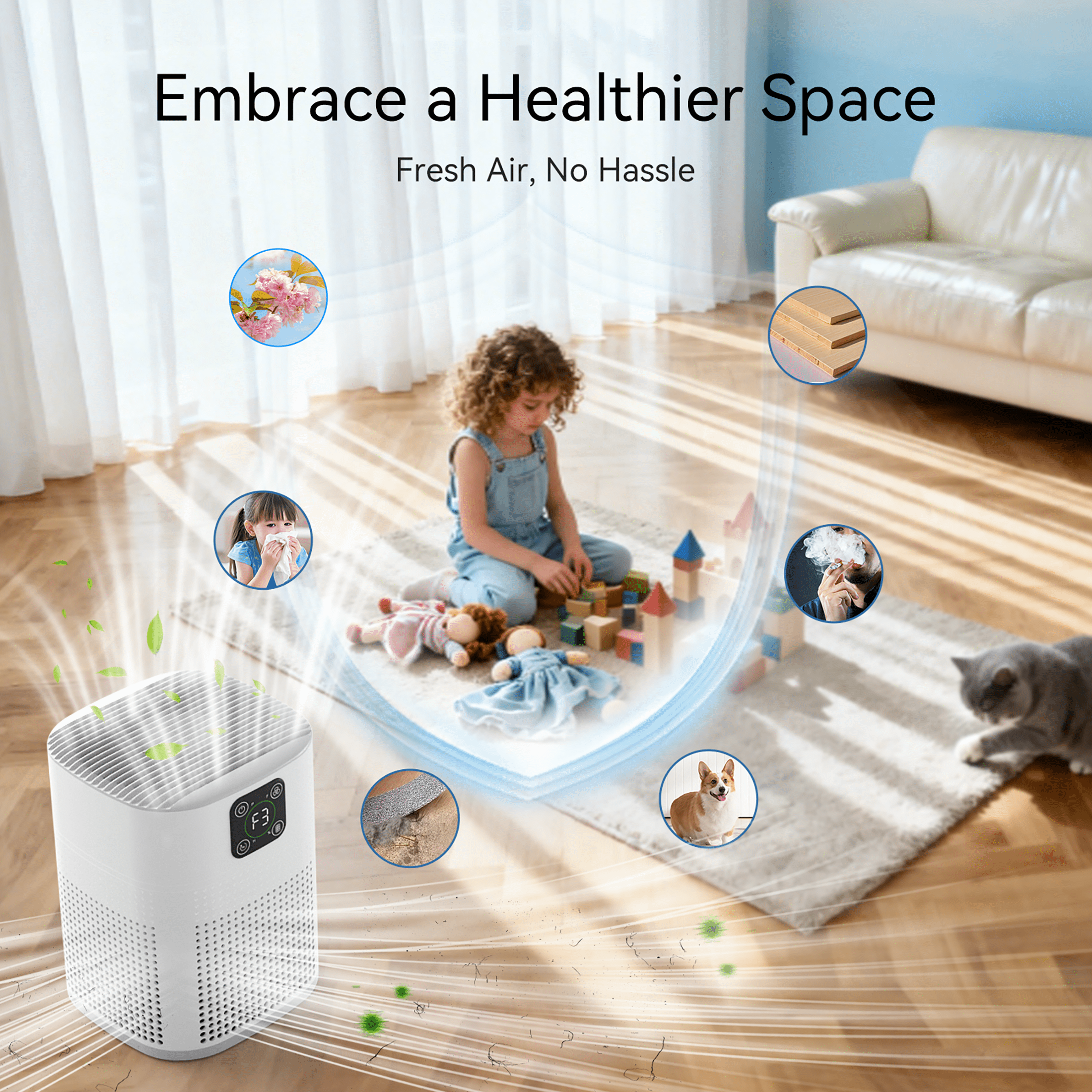 OUNEDA H13 True HEPA Air Purifier for Home, 360-Degree Air Inlet, 3-Speed Quiet Filtration (White, 1076 sq ft) 6guxm