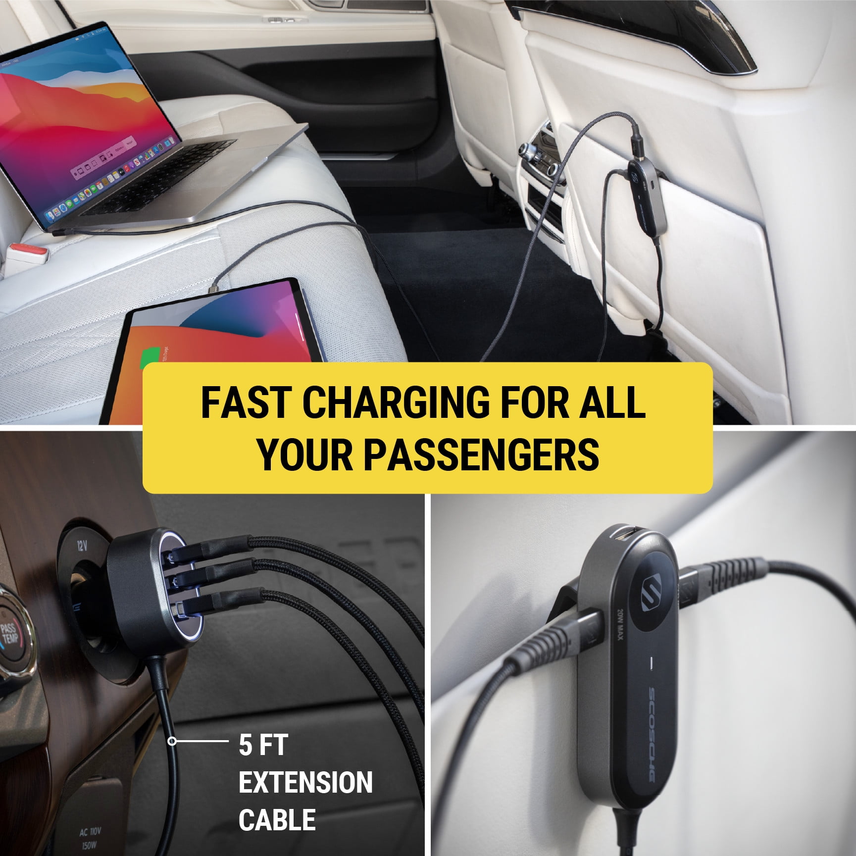 Scosche PowerVolt 100W Multi-Port Car Charger Adapter with 5ft Backseat Extension Cable (Black, 1 Pack) z22px