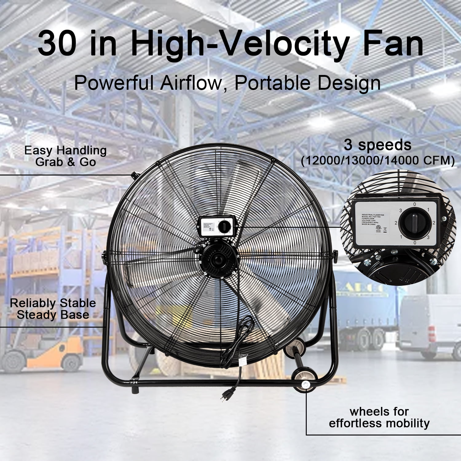 VAJIAZA 30 in Industrial High Velocity Drum Fan, Heavy Duty Air Circulator with 360° Tilt and 3 Speeds (Black, 30 in) e4que