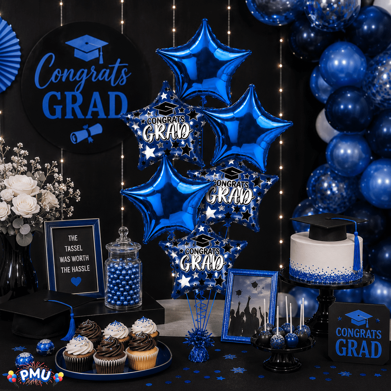 PMU Graduation Party Balloon Bouquet Set, Congrats Grad Star Decorations (Blue, 6-Piece Set) htt2d