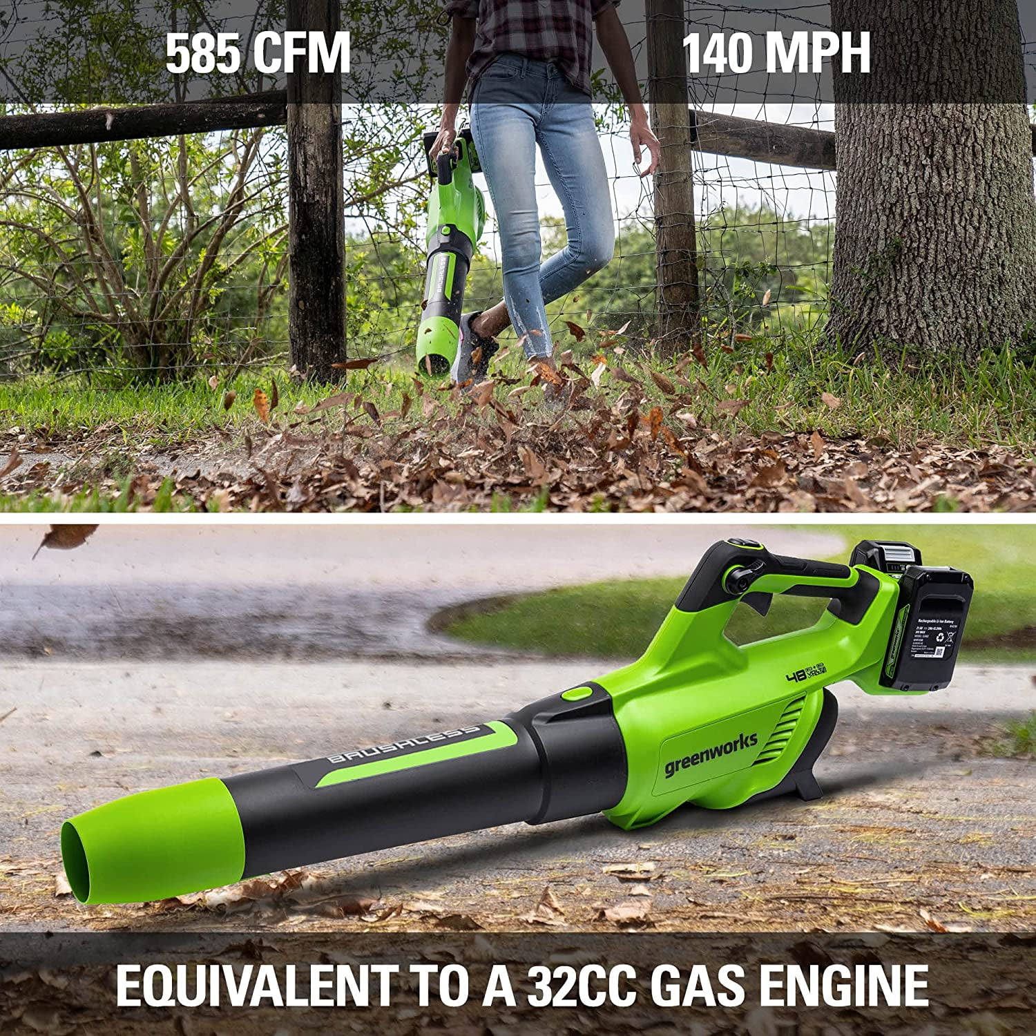 Greenworks 48V Cordless Brushless Axial Leaf Blower with (2) 4.0Ah Batteries and Dual Port Rapid Charger (140 MPH, 585 CFM) 4iumi