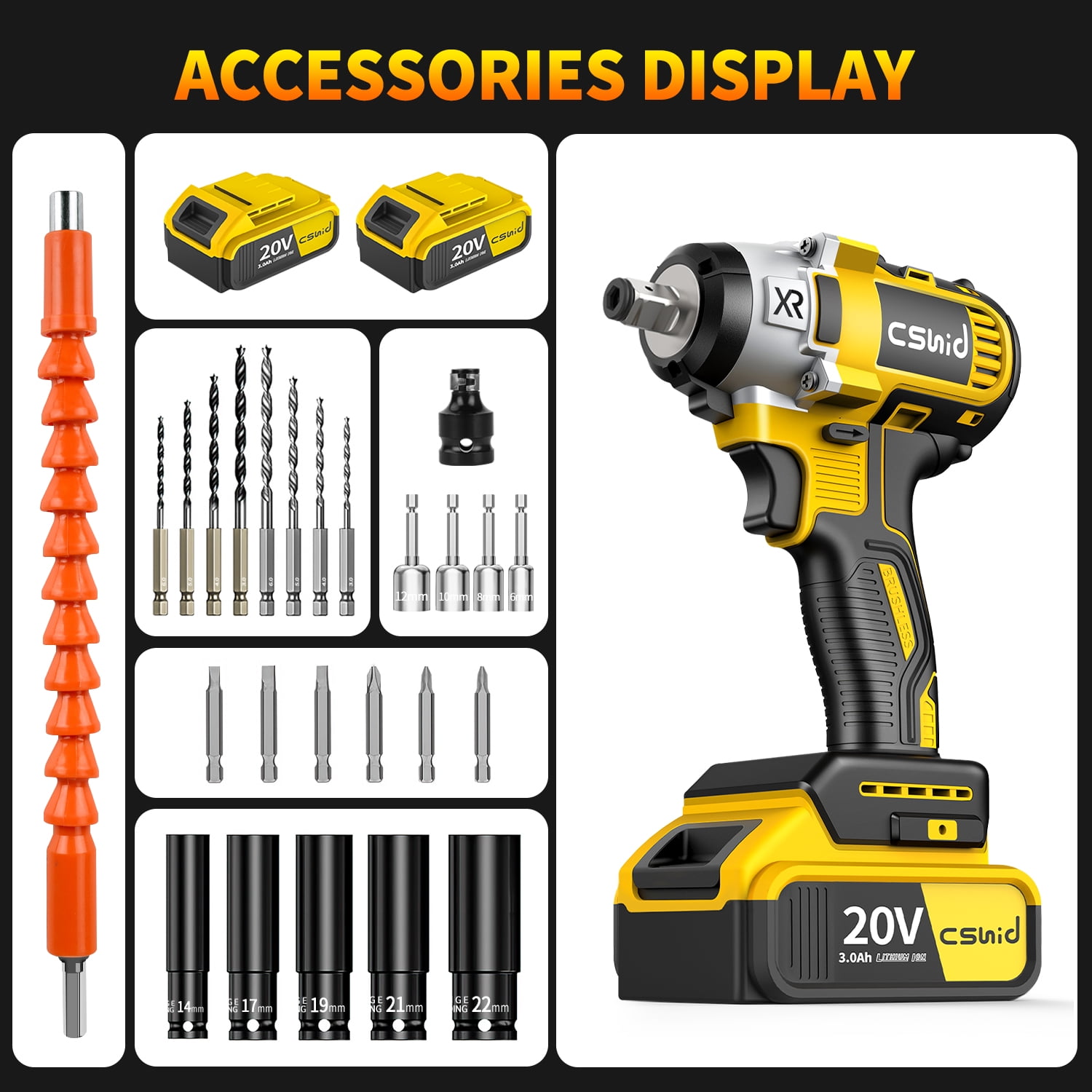 Cshidworld 20V Cordless Impact Wrench (1/2 in, 280 ft-lbs, 2 Batteries, 19-Piece Accessory Set, Yellow) trnh8