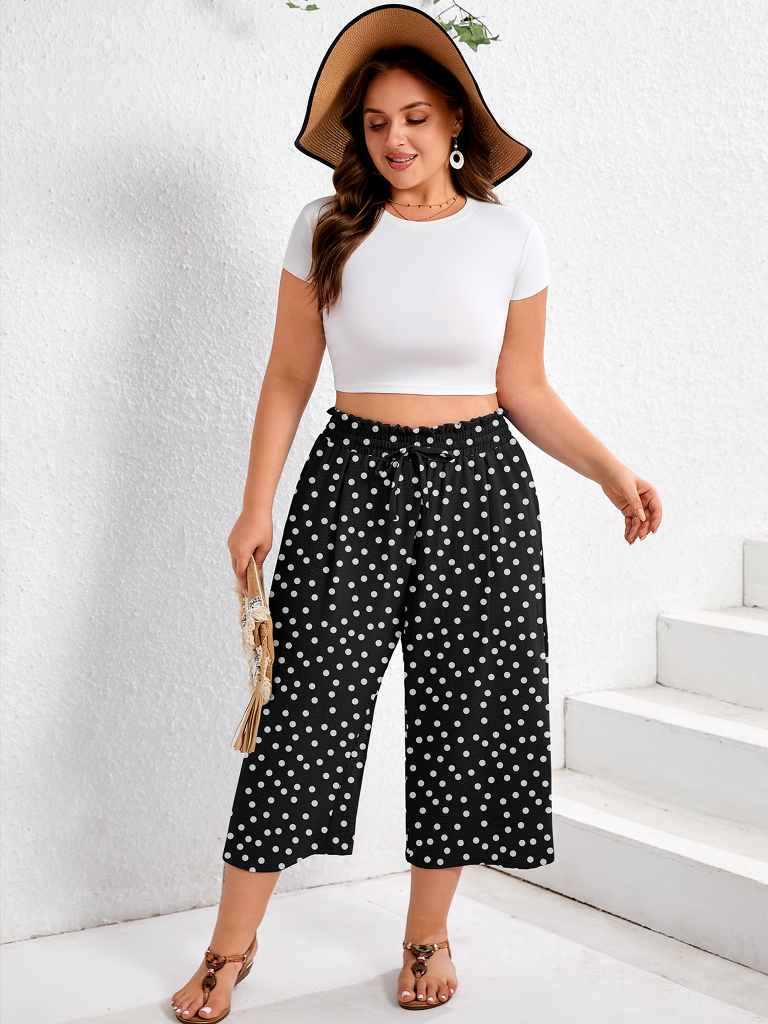 Showmall Women's Plus Size High Waisted Cropped Pants with Pockets (Black, 4X) zix8b