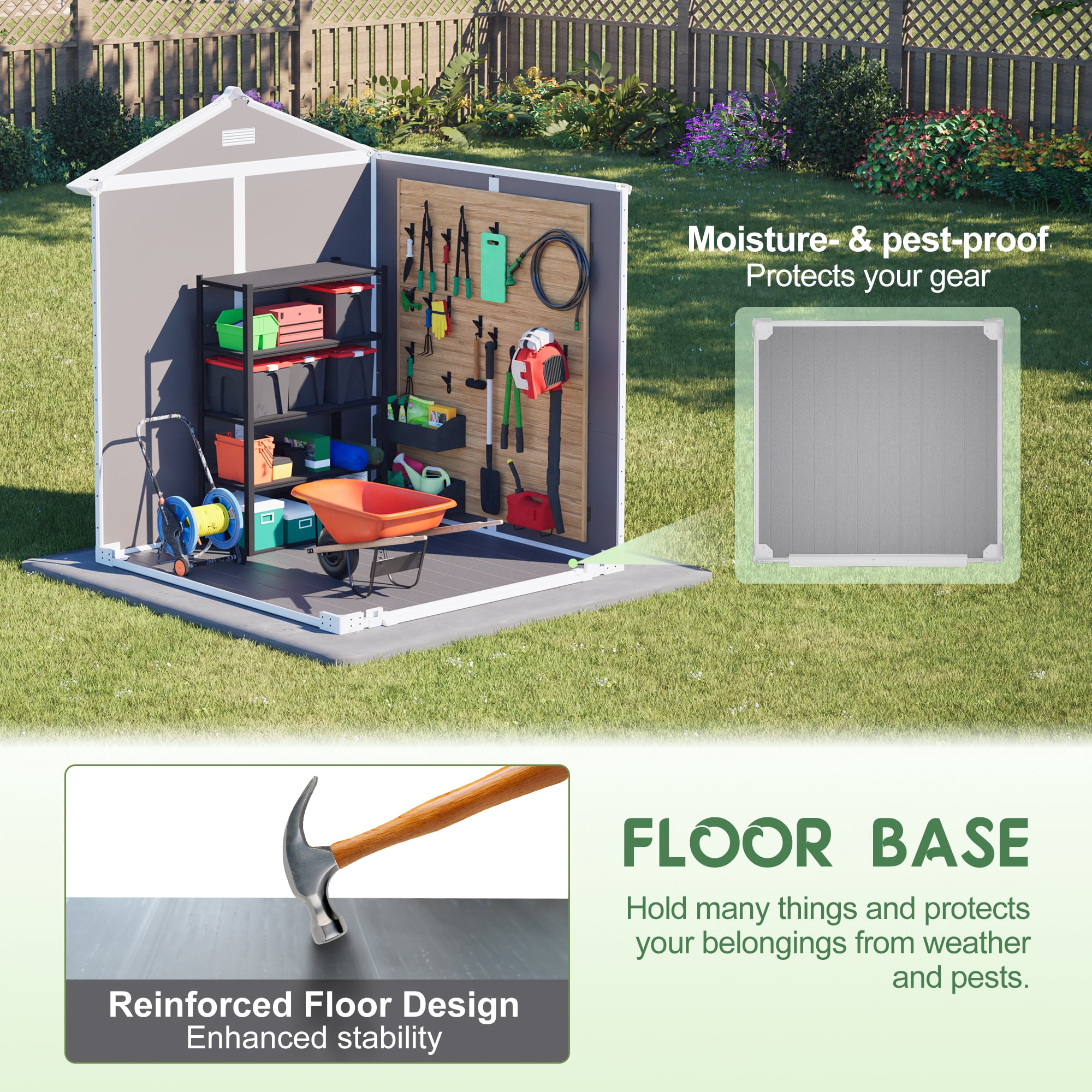 LZBEITEM 6 ft x 6 ft Outdoor Storage Shed, Weather-Resistant Resin Tool Shed with Heavy-Duty Floor and Lockable Doors (Grey, 205 cu.ft) sgccu