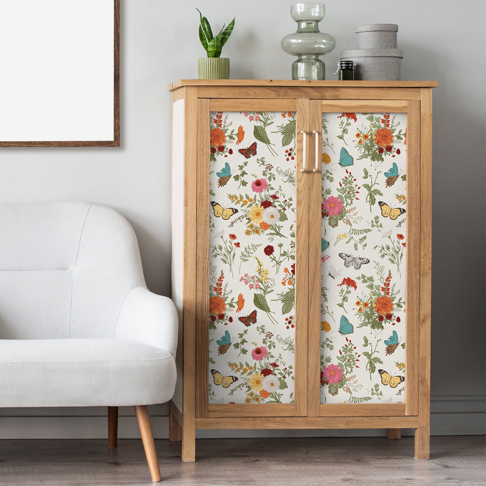 VEELIKE Floral Peel and Stick Wallpaper Vintage Butterflies Marigolds Self-Adhesive Contact Paper for Home Decor (Multi-color, 17.7 in x 118 in) 9ccgs