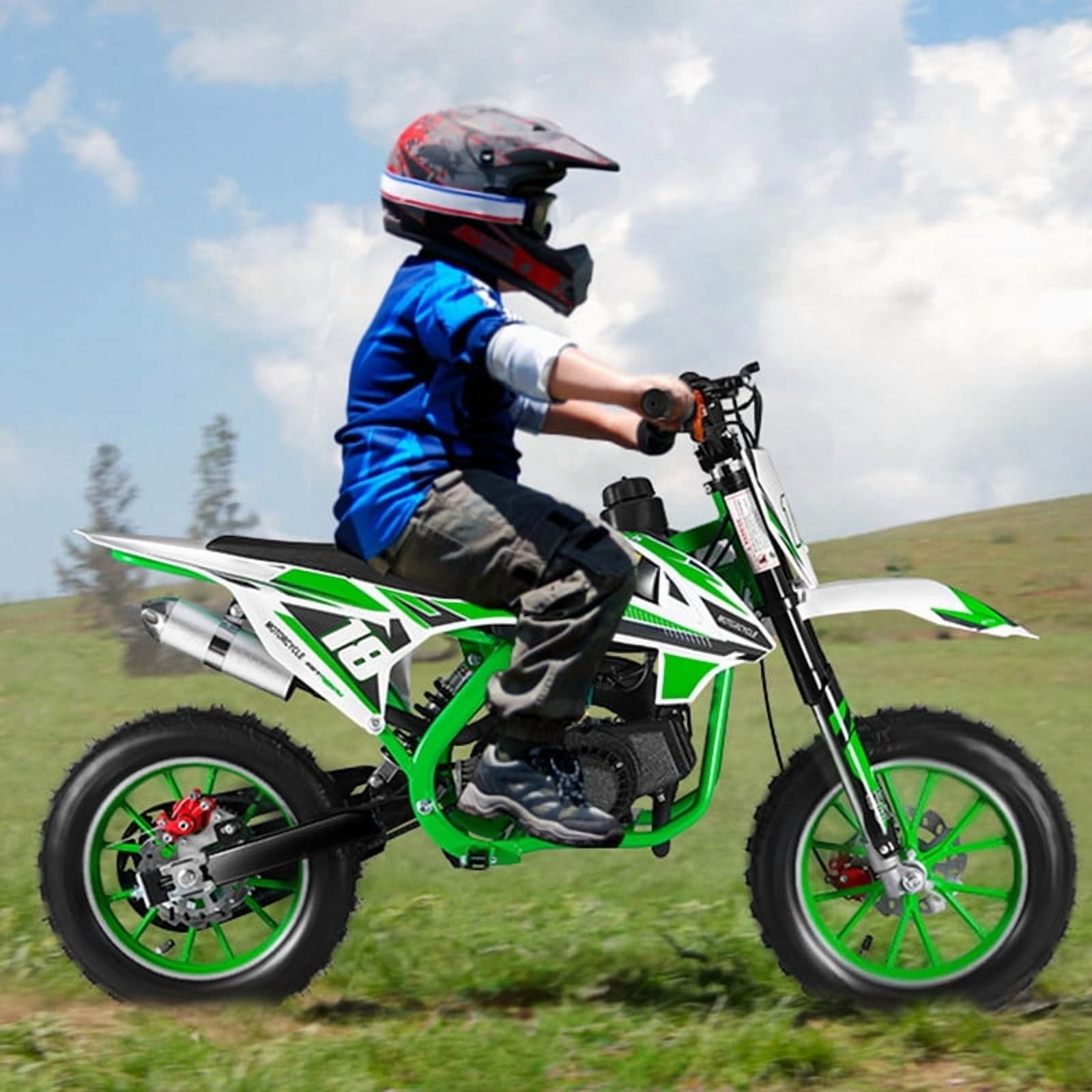 Seipouy 49cc Gas Powered Dirt Bike for Kids, Off-Road Pit Bike with Hydraulic Disc Brakes (Green, 10 in Tires) lawn2