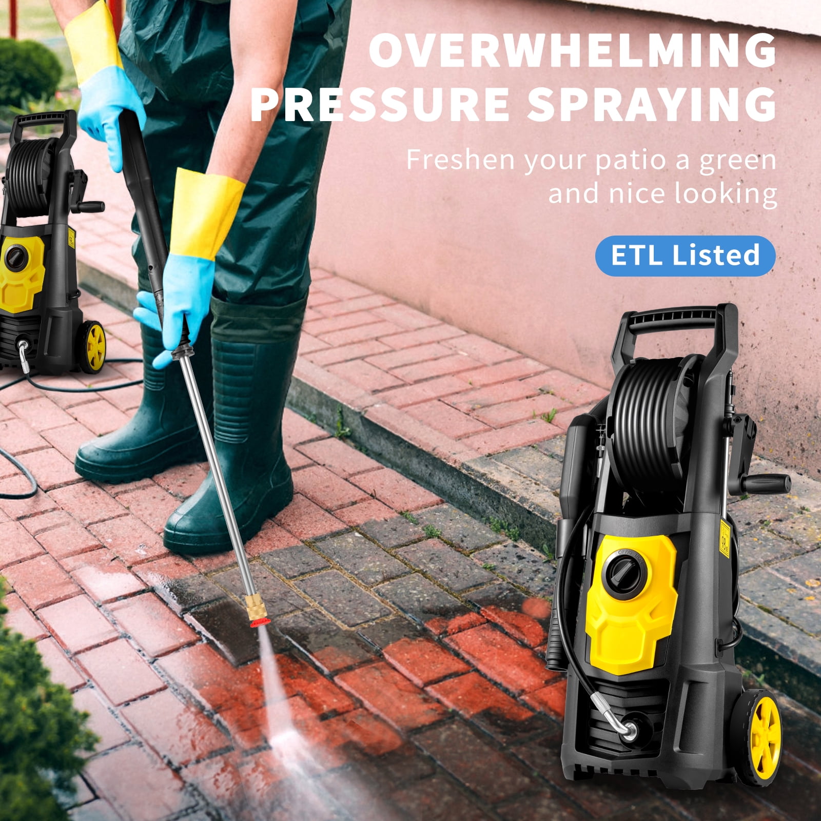 BENTISM Electric Pressure Washer, 2000 PSI 1.65 GPM Power Washer with 30 ft Hose Reel and 5 Quick Connect Nozzles (Black) znfxj