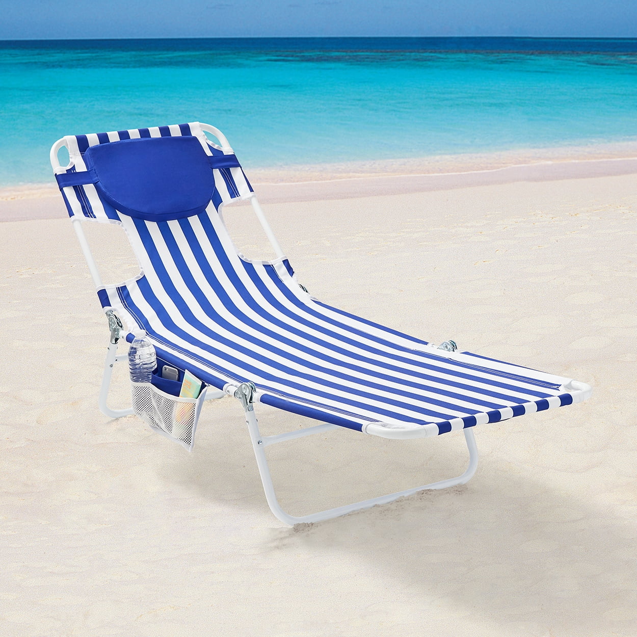 Mainstays Folding Backpack Beach Lounger with Face-Down Design (Blue & White Stripe, 72 in x 22 in) ekohd