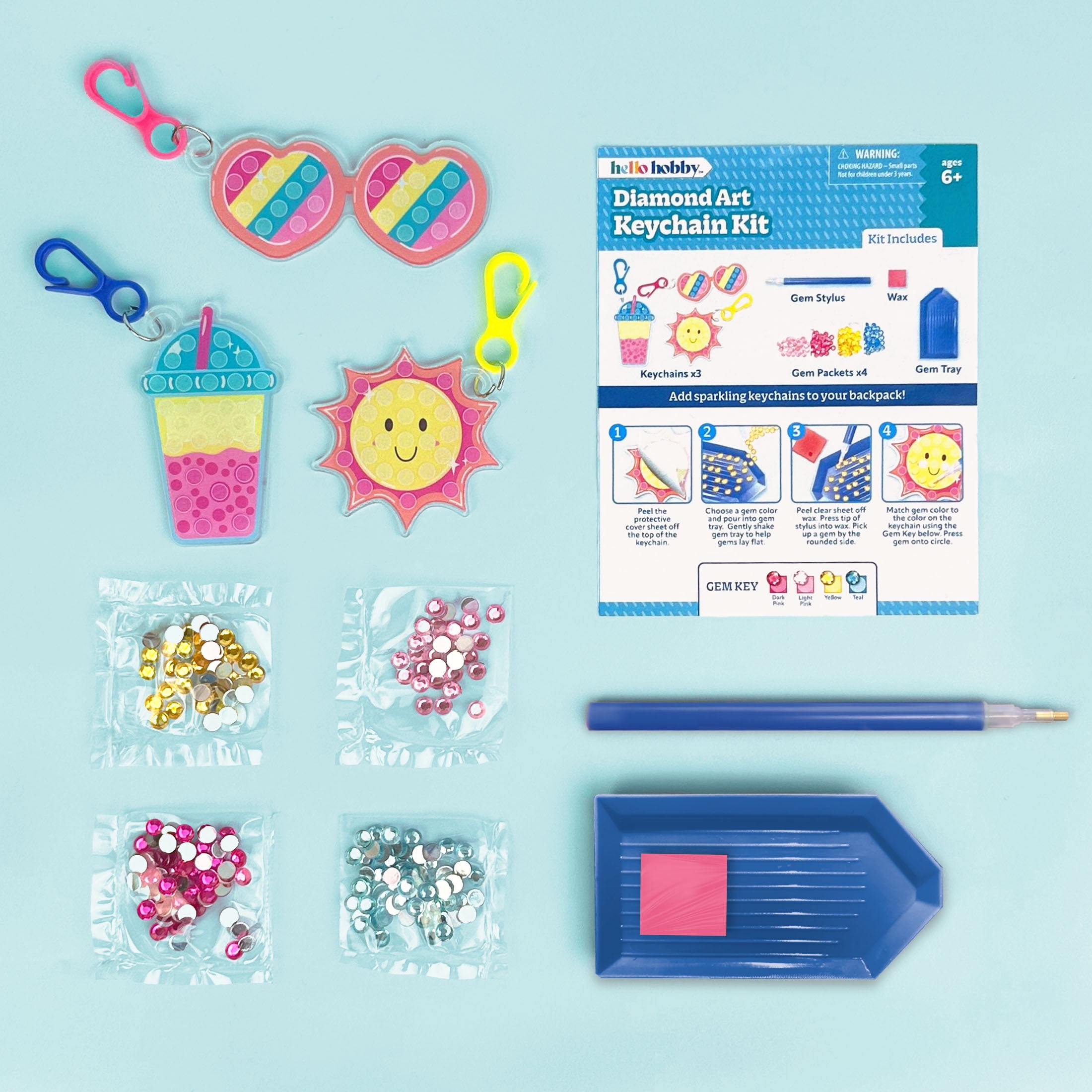 Hello Hobby Diamond Art Keychain Craft Kit, DIY Gem Painting Activity Set (3 Piece Keychain Set) e3ayr