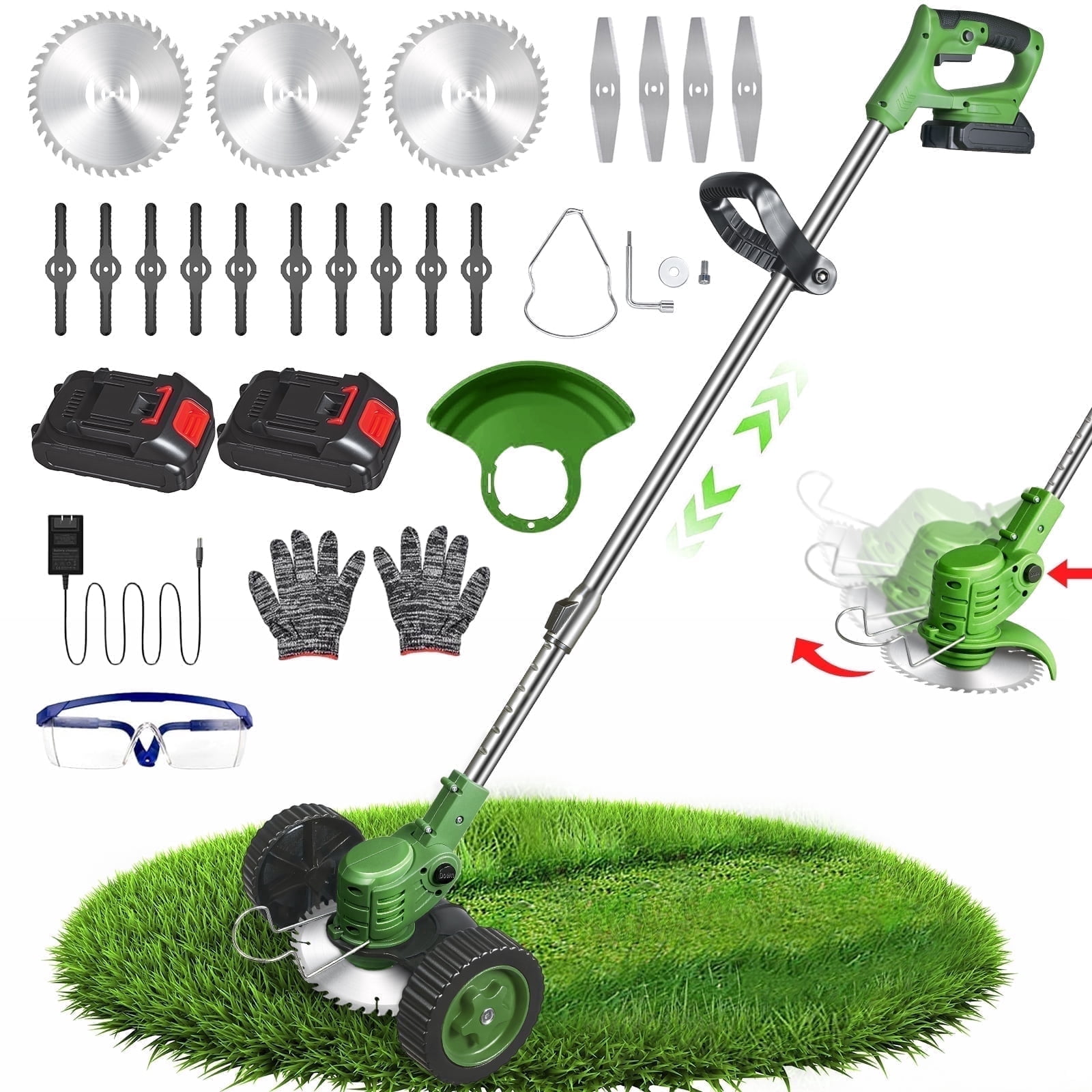 ZLieatmp Cordless Electric Lawn Mower and Weed Trimmer with 2 Batteries and 5 Blade Types (Green, 33-47 in) thukj