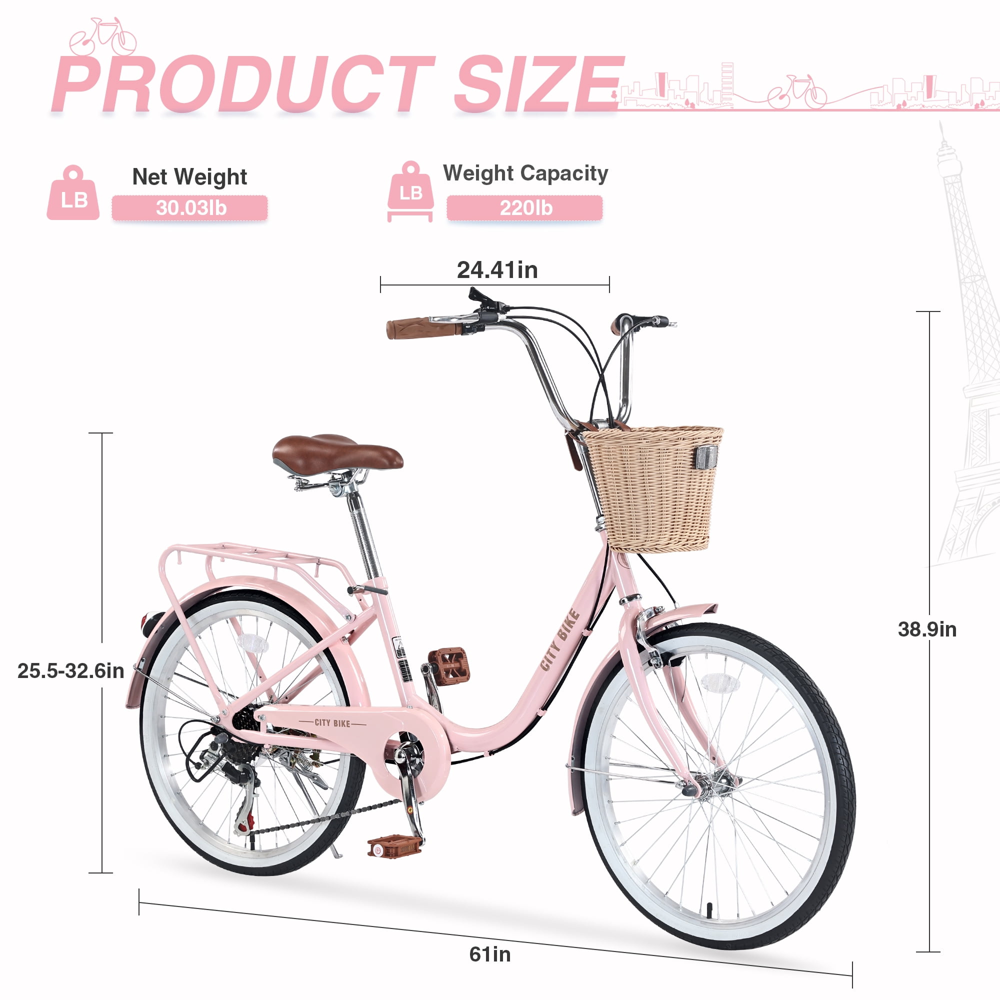 Tyethy Women's Beach Cruiser Bike 7-Speed Lady Bicycle with Basket (Pink, 22 in) tvizs