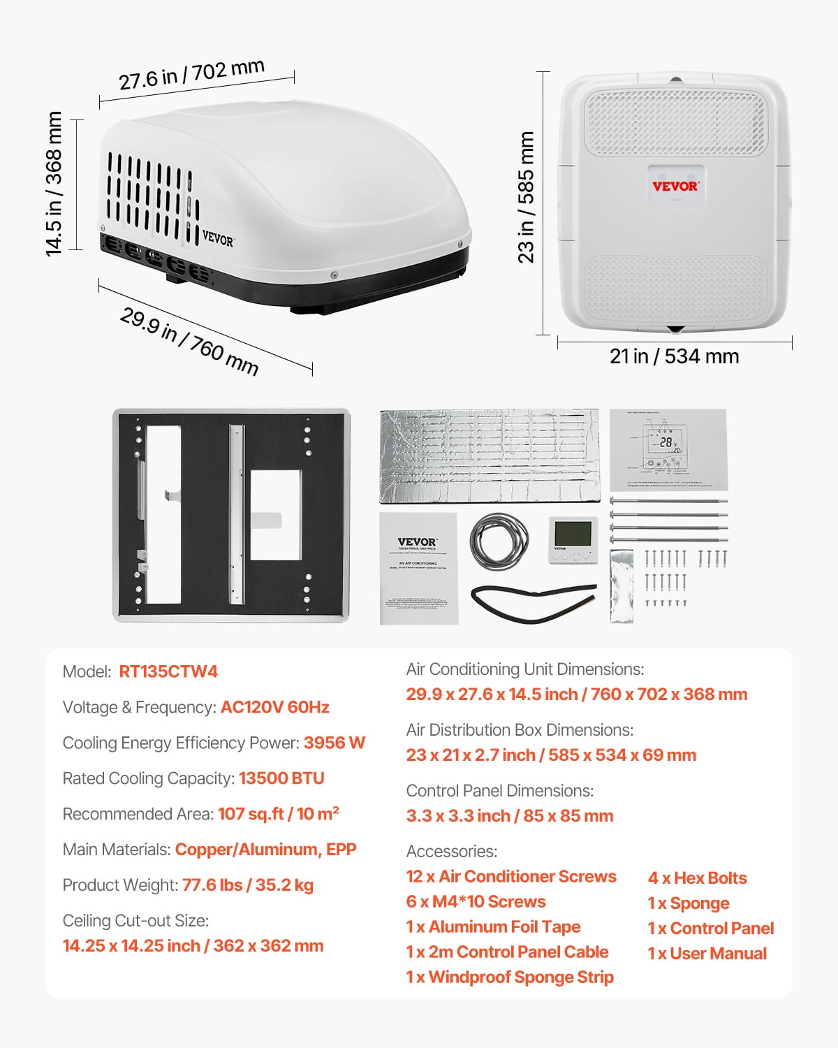 VEVOR RV Air Conditioner, 13500 BTU Non-Ducted Rooftop AC Unit, Quiet Cooling System for Campers and Trailers (White, 14.25 x 14.25 in) pwd3k