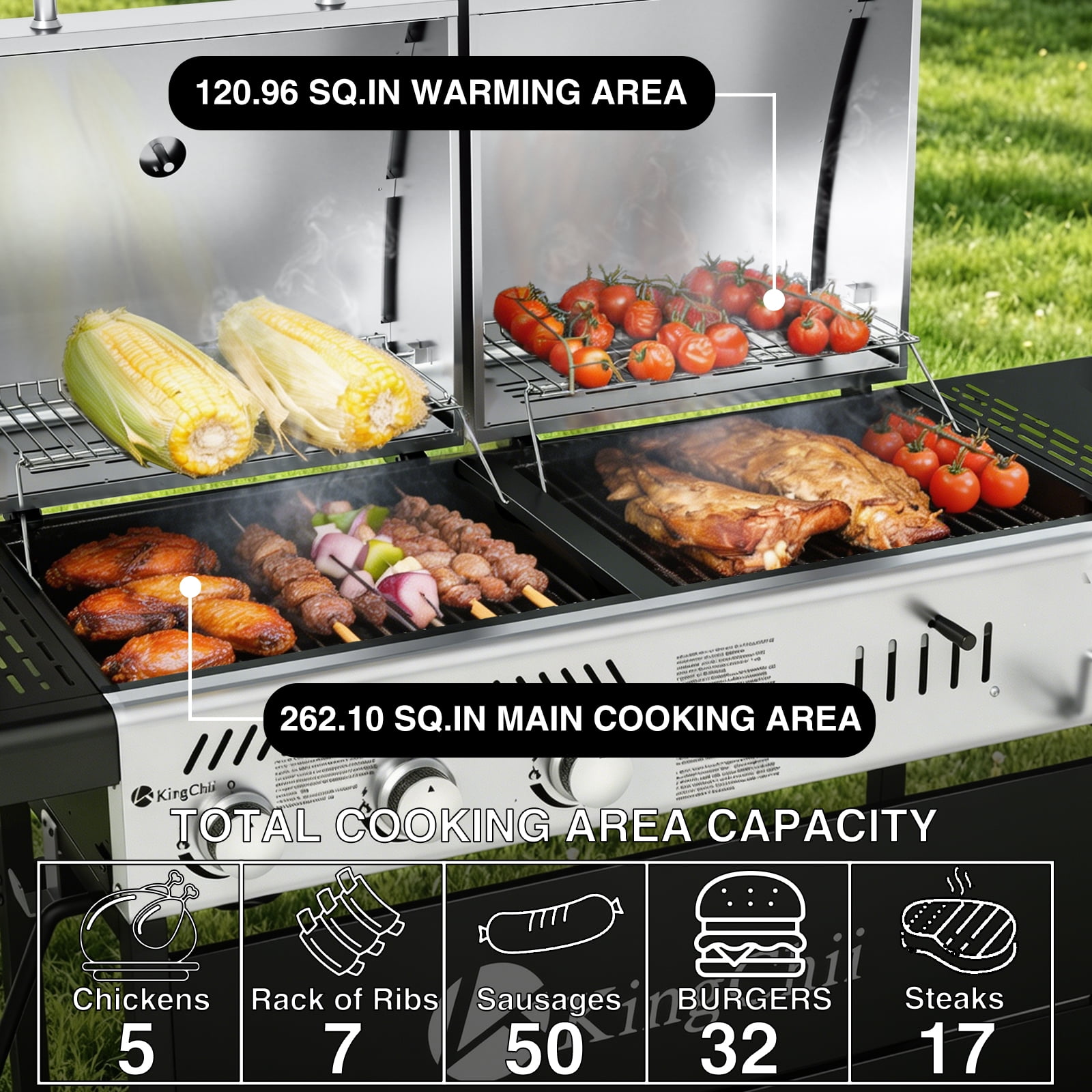 KingChii Gas and Charcoal Grill Combo, Dual Fuel 3-Burner BBQ Smoker with Side Burner (Black and Silver, 61 in L x 38.6 in H x 22.4 in W) 9qf5s