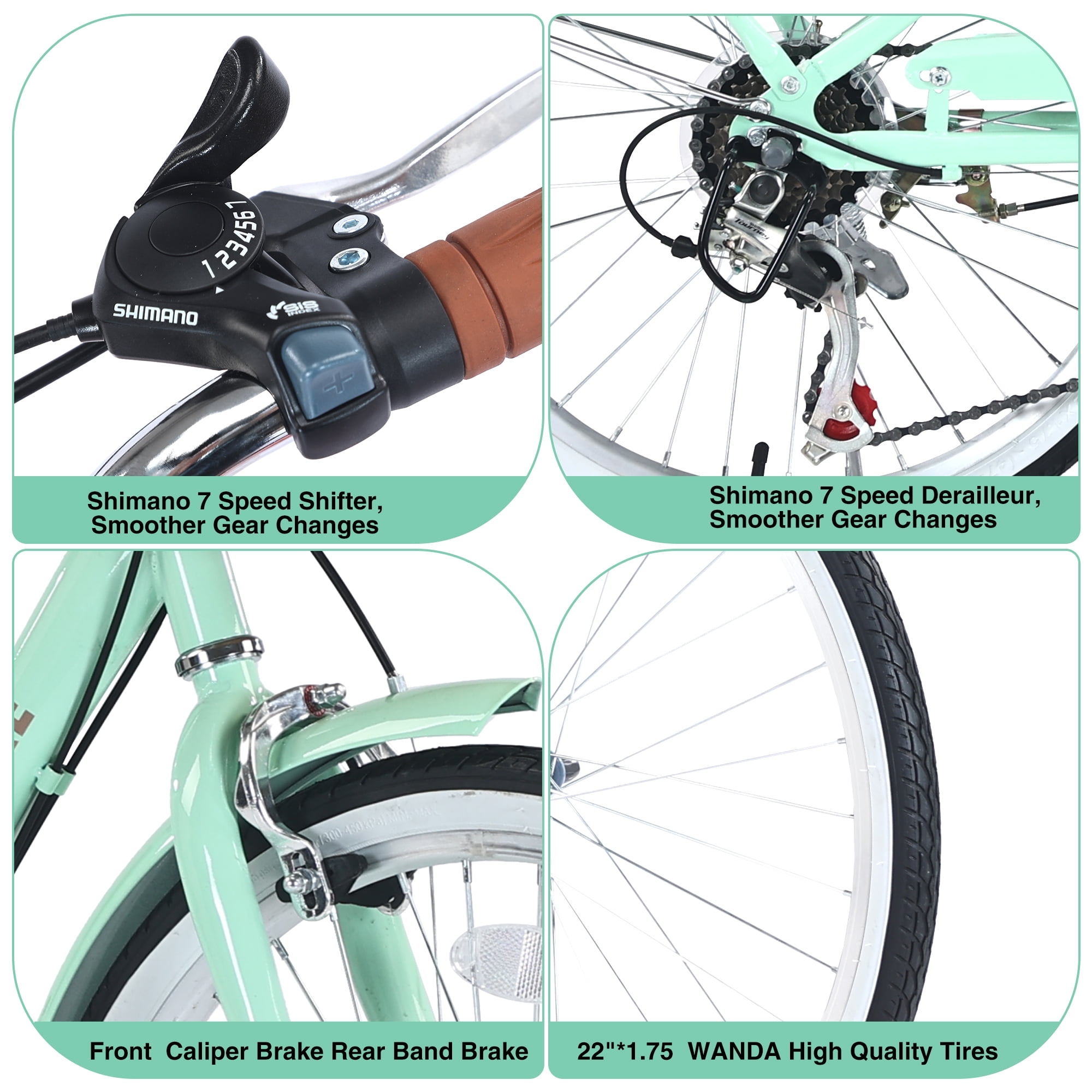 Meiyiu 22-inch City Cruiser Bike, 7-Speed Steel Frame Commuter Bicycle with Basket (Green, 13-inch Frame) 7wyc1