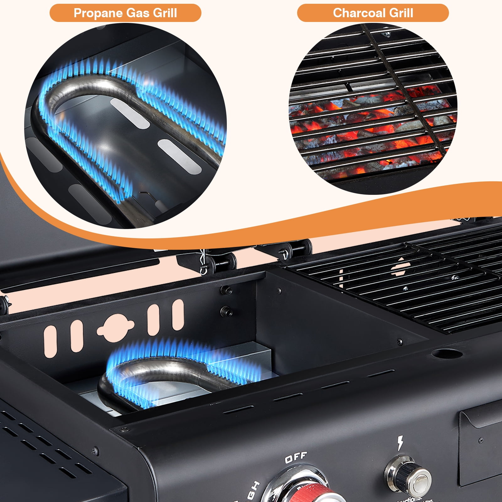 SIXDAYSOX Dual Fuel Charcoal and Propane Grill Combo with Dual Lids (Black, 327 sq in) 3sz05