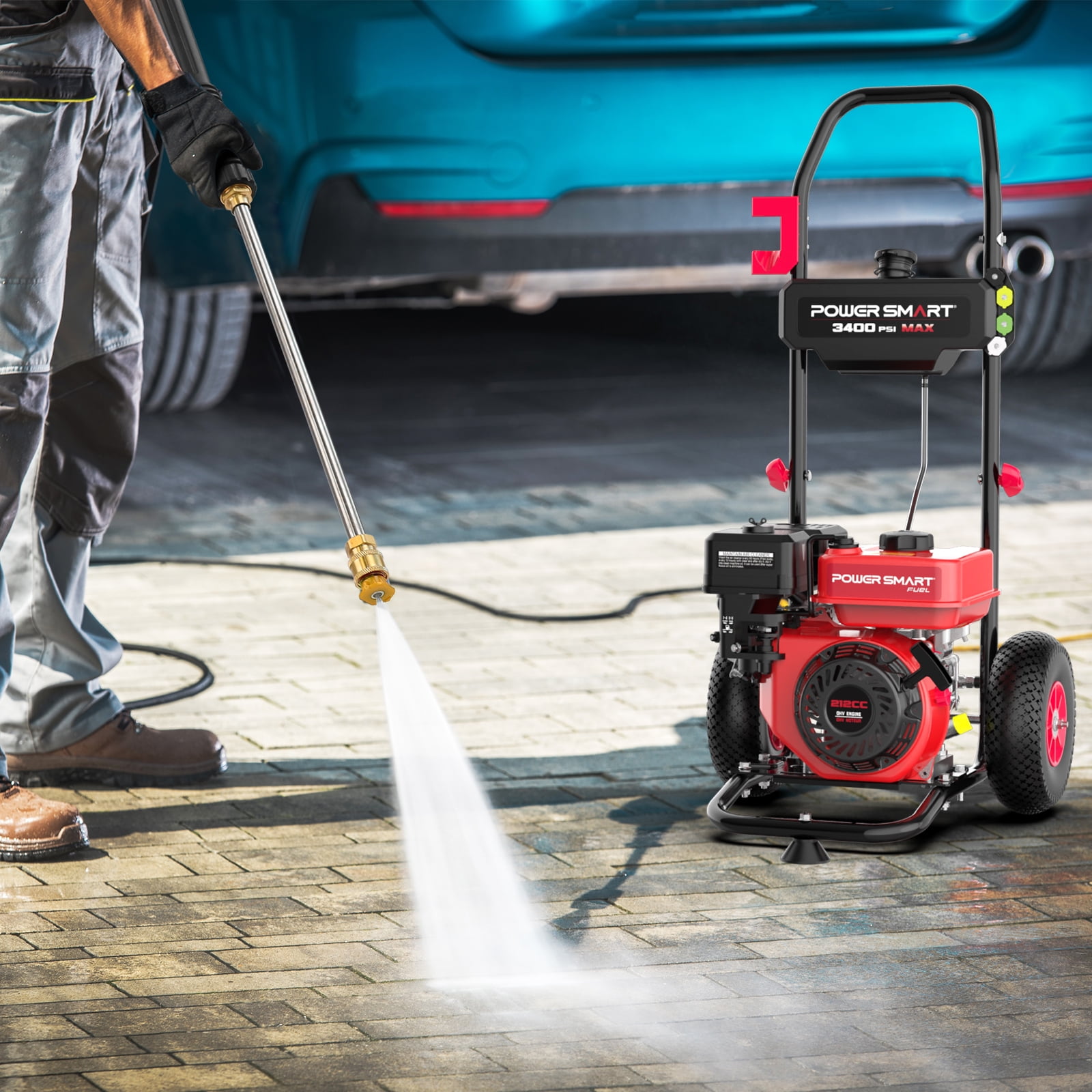 PowerSmart Gas Pressure Washer, 3400 PSI 2.5 GPM Heavy-Duty Cleaning Machine (212cc, 10 in Wheels) 5a8u7