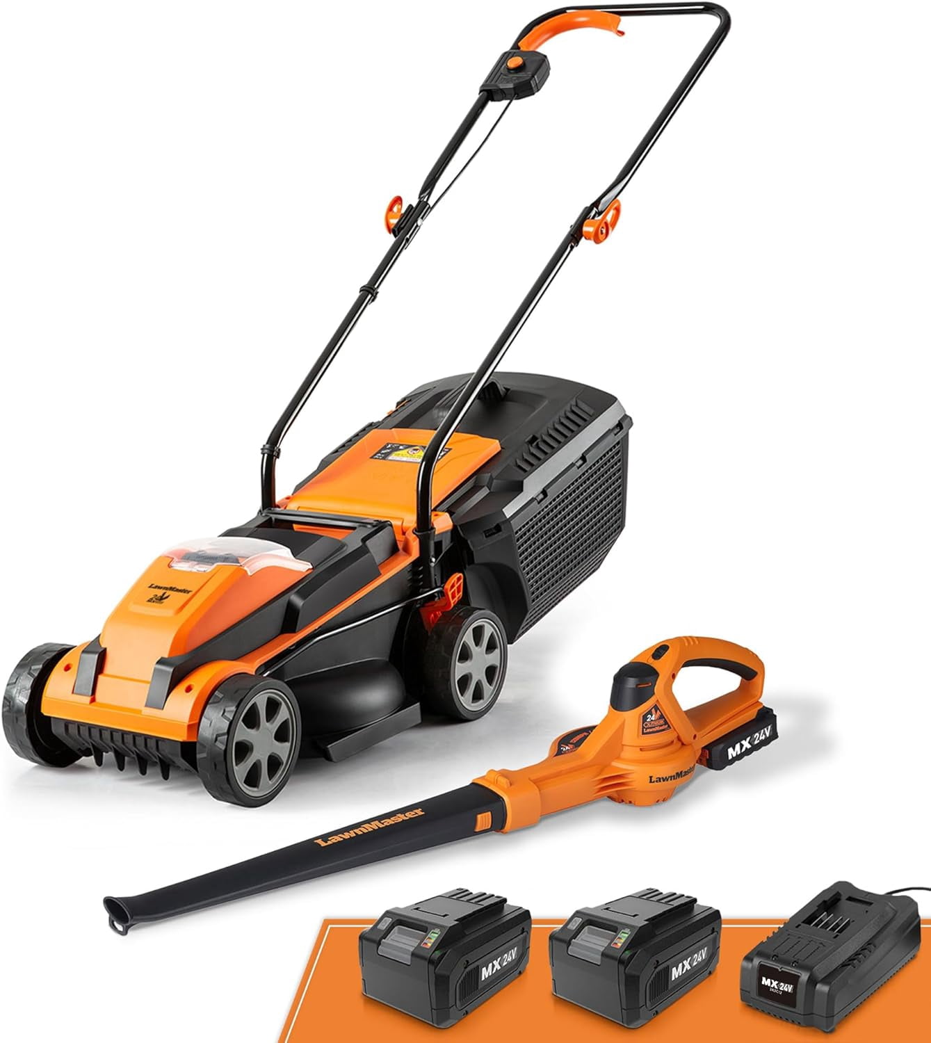 LawnMaster 24V Max Cordless Lawn Mower and Leaf Blower Combo Kit (13-inch Deck, 2x4.0Ah Batteries) e5lbq