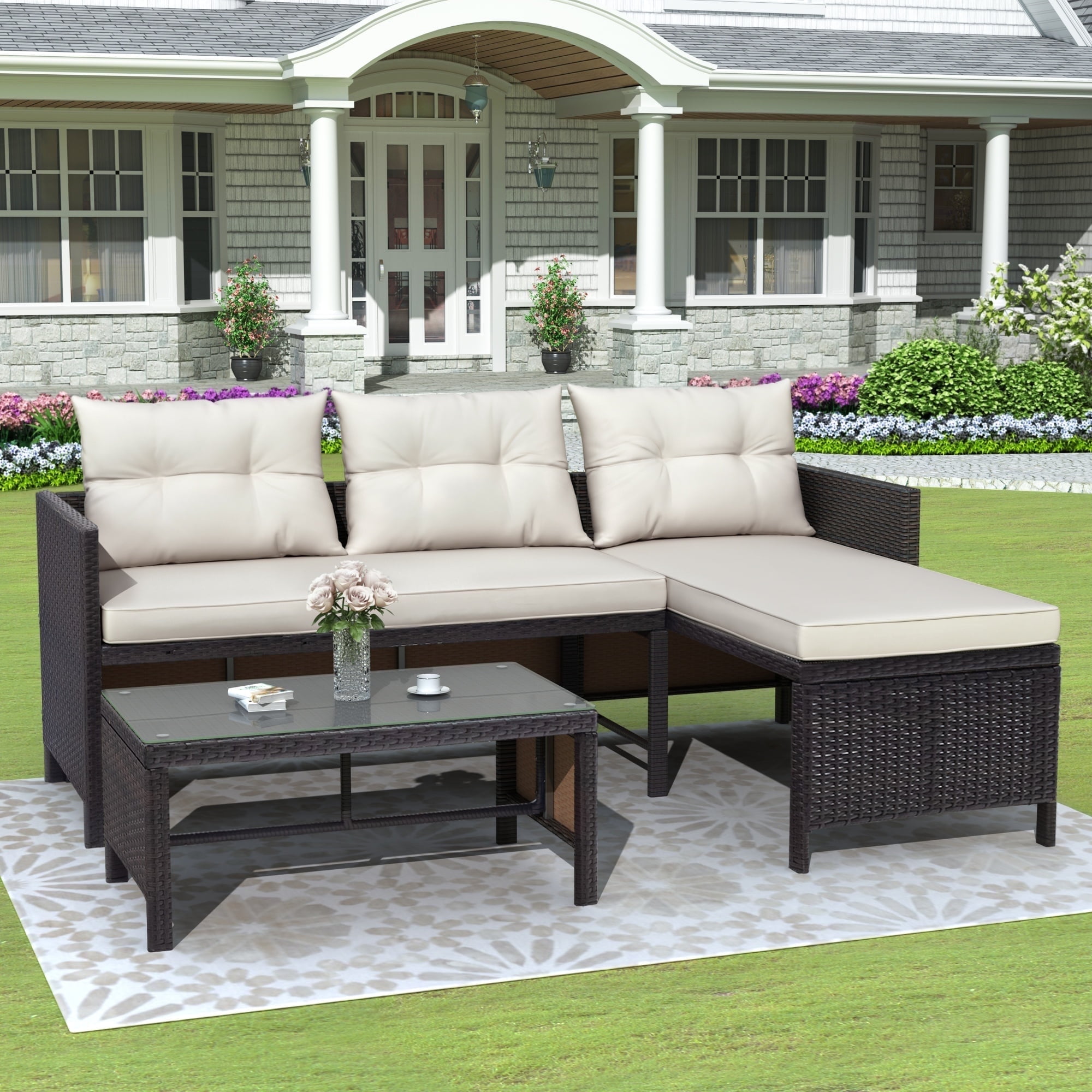 Segmart 3-Piece Patio Furniture Sectional Set, All-Weather PE Rattan Wicker Conversation Set with Cushions (Beige, 3-Piece) jsryu