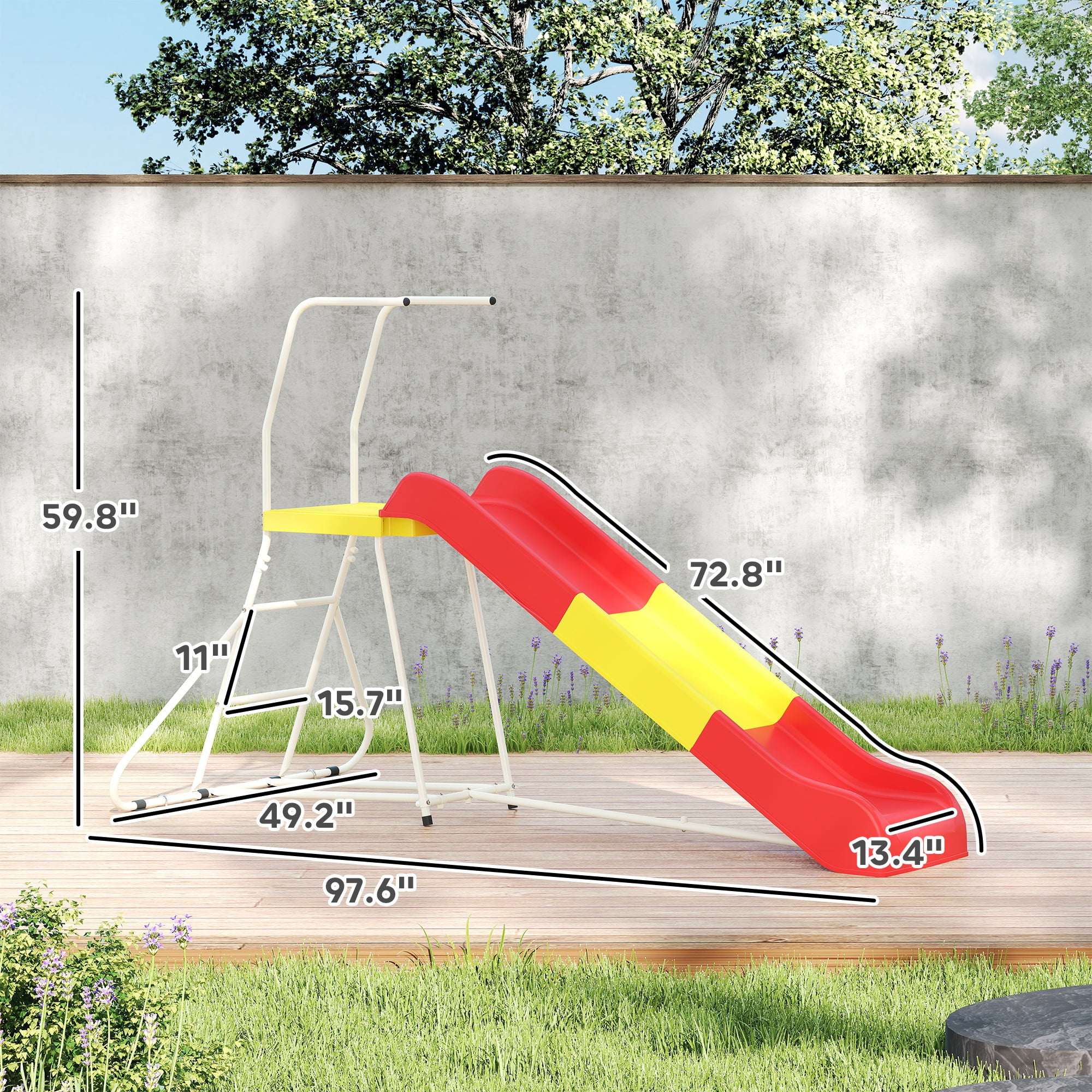 Qaba 6ft Freestanding Metal Slide for Kids with Climbing Ladder (Red, 97.6 in L x 49.2 in W x 59.8 in H) 7qv0h