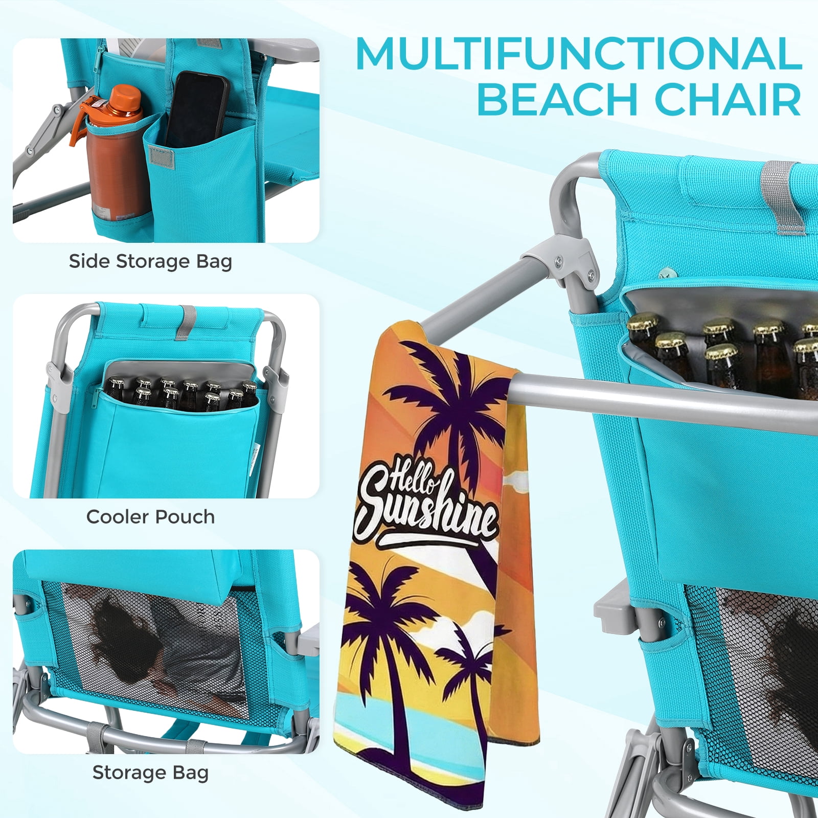 Pirecart Foldable Backpack Beach Chair with 5-Position Recline, Cooler Pouch, and Headrest (Sky Blue, 25 in Wide) 0mr13