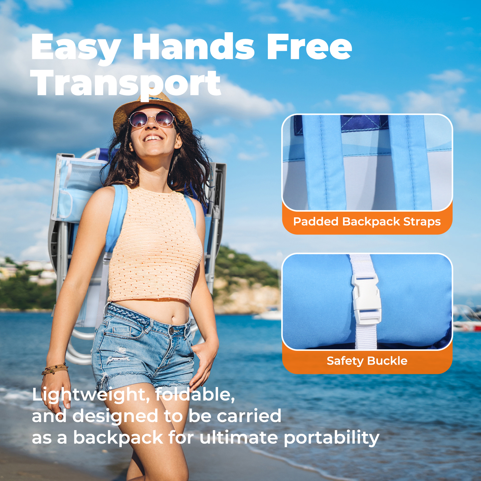 Join Nature 5-Position Lay-Flat Backpack Beach Chair with Insulated Cooler and Storage Pocket (Wave Blue, 300 lb Capacity) 97zzu