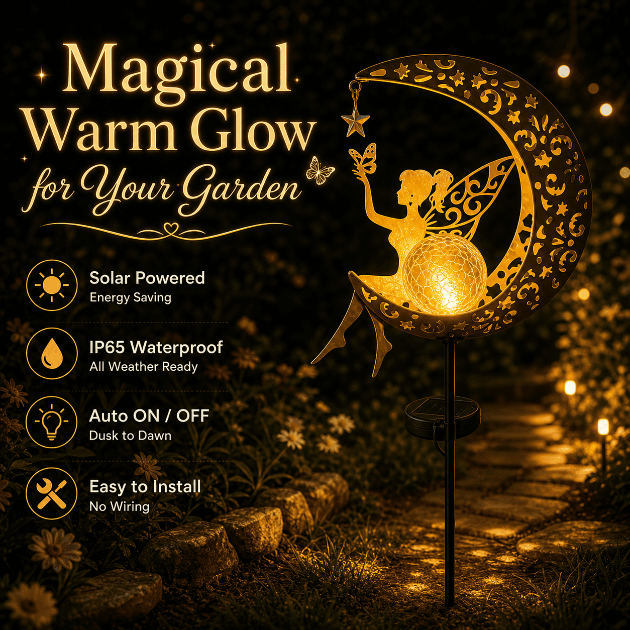 Mehoom Moon Fairy Solar Garden Lights, Decorative Outdoor Pathway Lighting (Gold, 32 in) nv92e