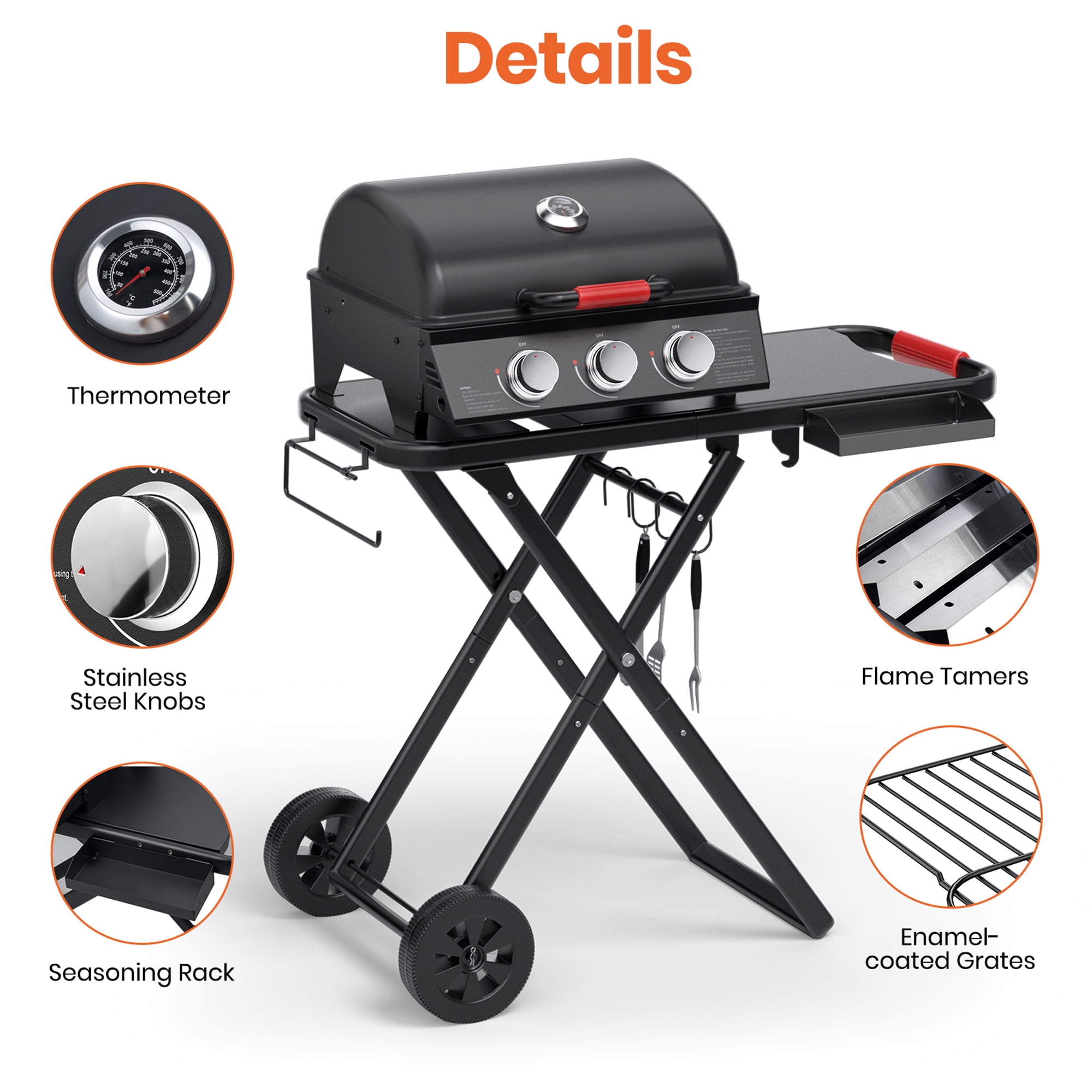 NICWIN 3-Burner Portable Gas Grill with Foldable Legs, 30,000 BTU Outdoor BBQ Grill for Camping and Tailgating (Black, 415 sq in) m8qsg