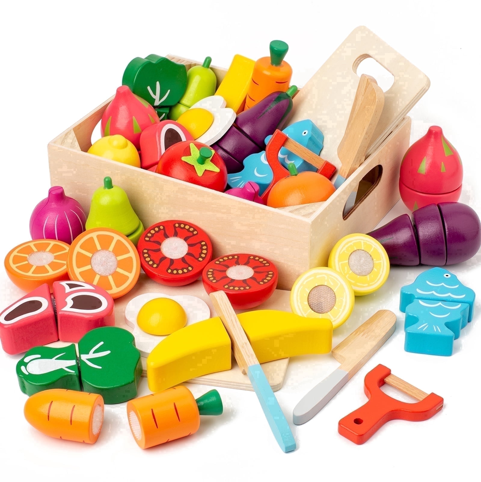 BUSY EDITION Wooden Play Food Set Pretend Kitchen Cutting Toys (32 Pieces) i4gkb