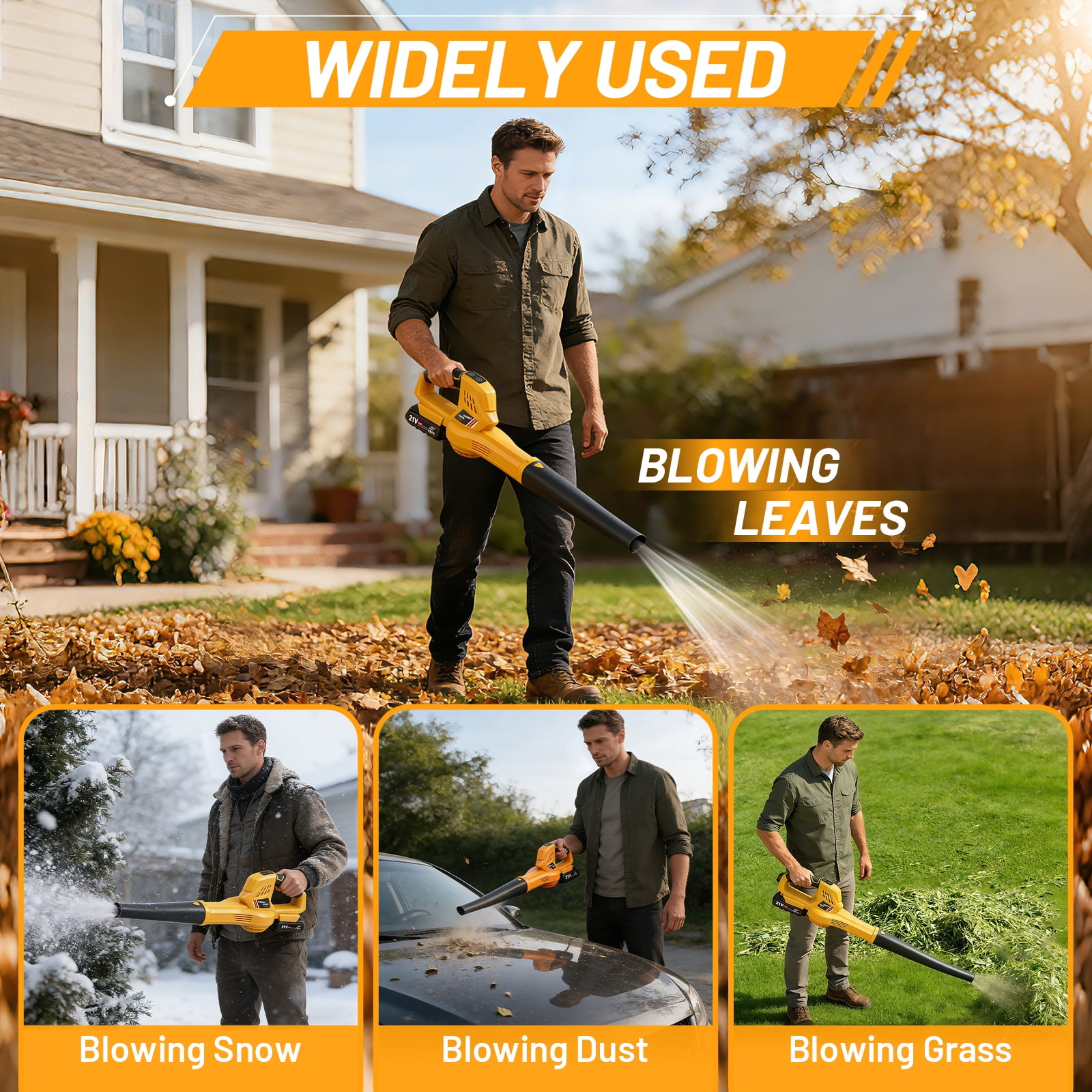 BAOKALER Cordless Leaf Blower, 6-Speed Electric Sweeper with 2 Batteries (Yellow, 3.5 lb) sw07u