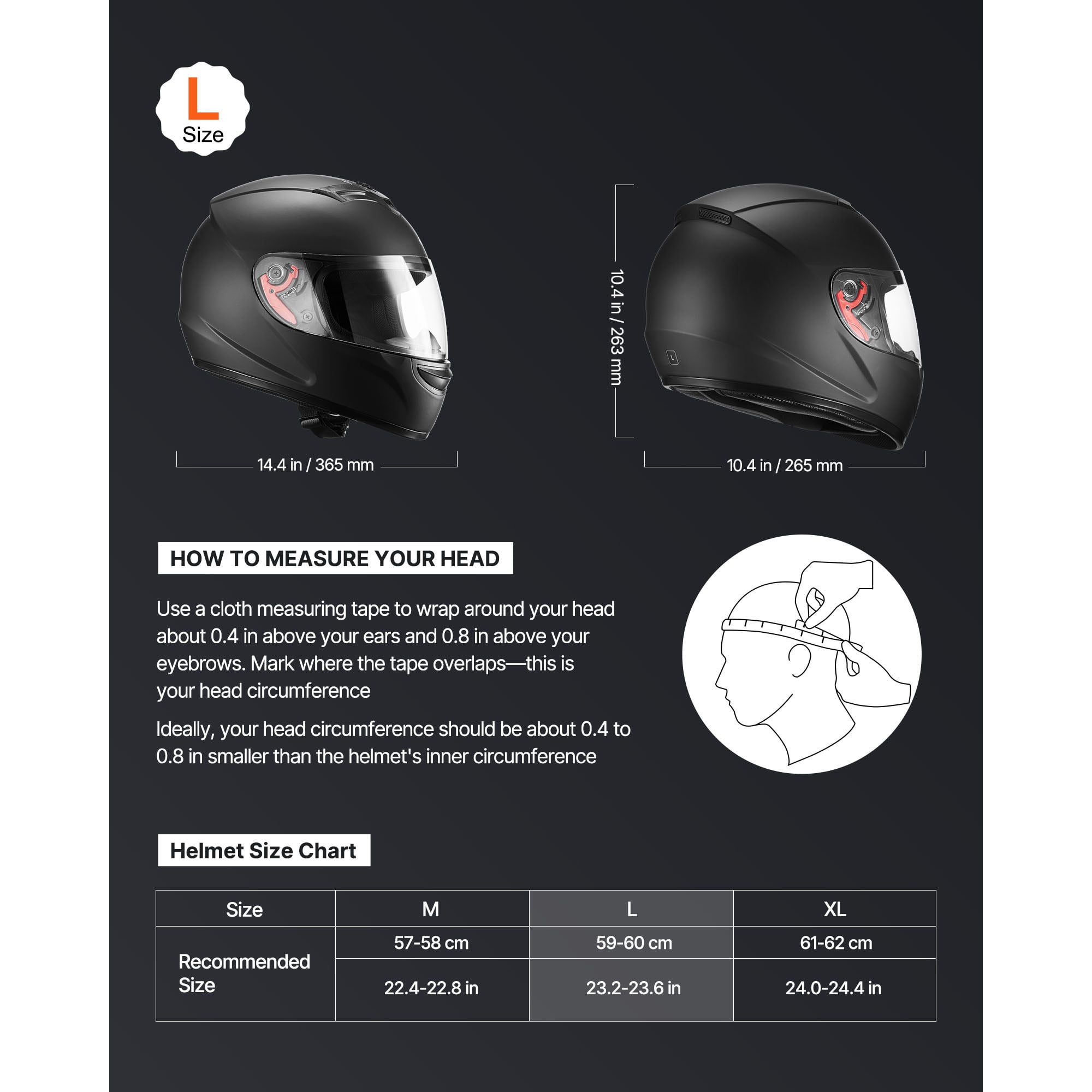 KFFKFF Full Face Motorcycle Helmet, DOT Certified Street Racing Gear with Dual Visors and Removable Liner (Matte Black, L) gereo