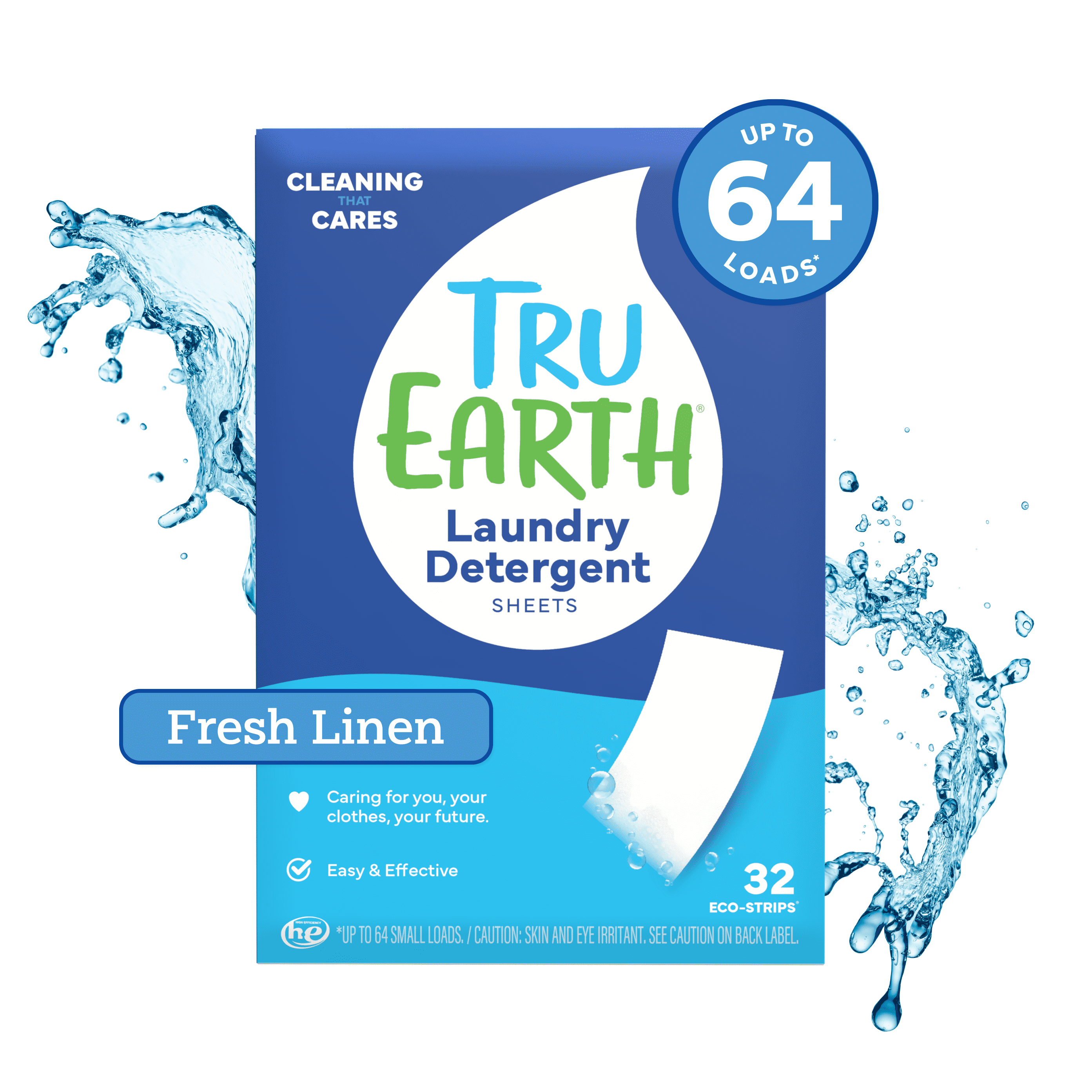 Tru Earth Laundry Detergent Sheets, Fresh Linen Scent, Eco-Friendly Concentrated Strips (64 Loads) 2x5ls
