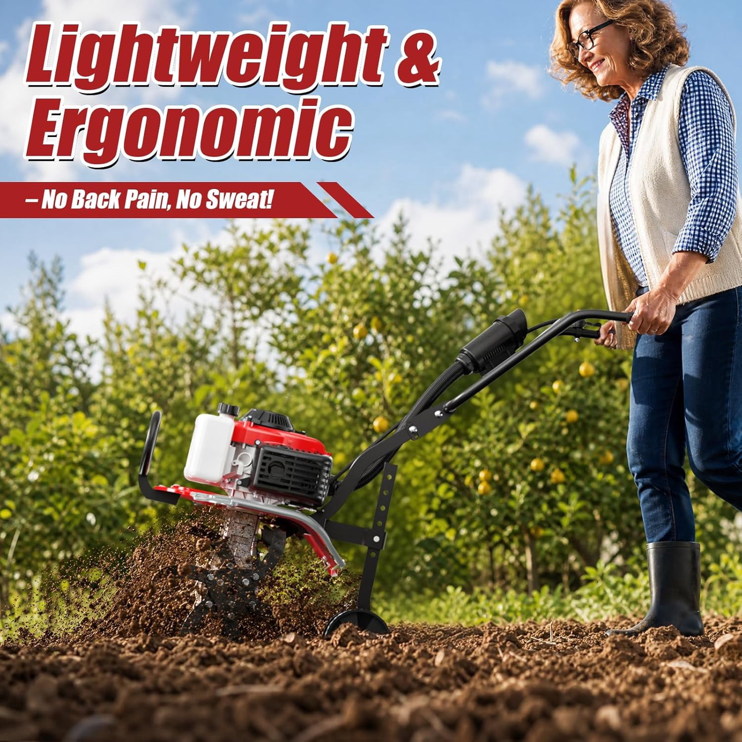 Datingday 4-Stroke Gas Tiller Cultivator, Heavy Duty Rototiller for Garden Lawn Soil, 20-in Width, 10-in Depth (1.5KW) 9wel0