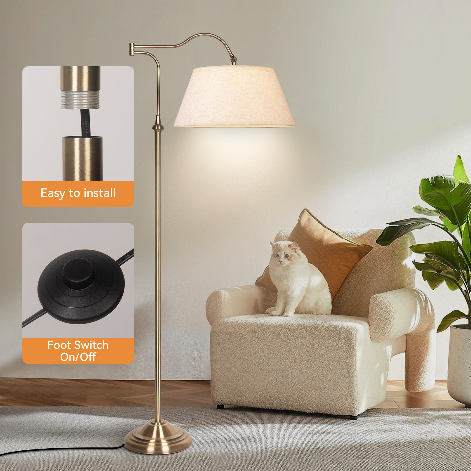 HonoDing Mid-Century Adjustable Swivel Floor Lamp with Linen Shade (Beige, 60 in) 1o4ix