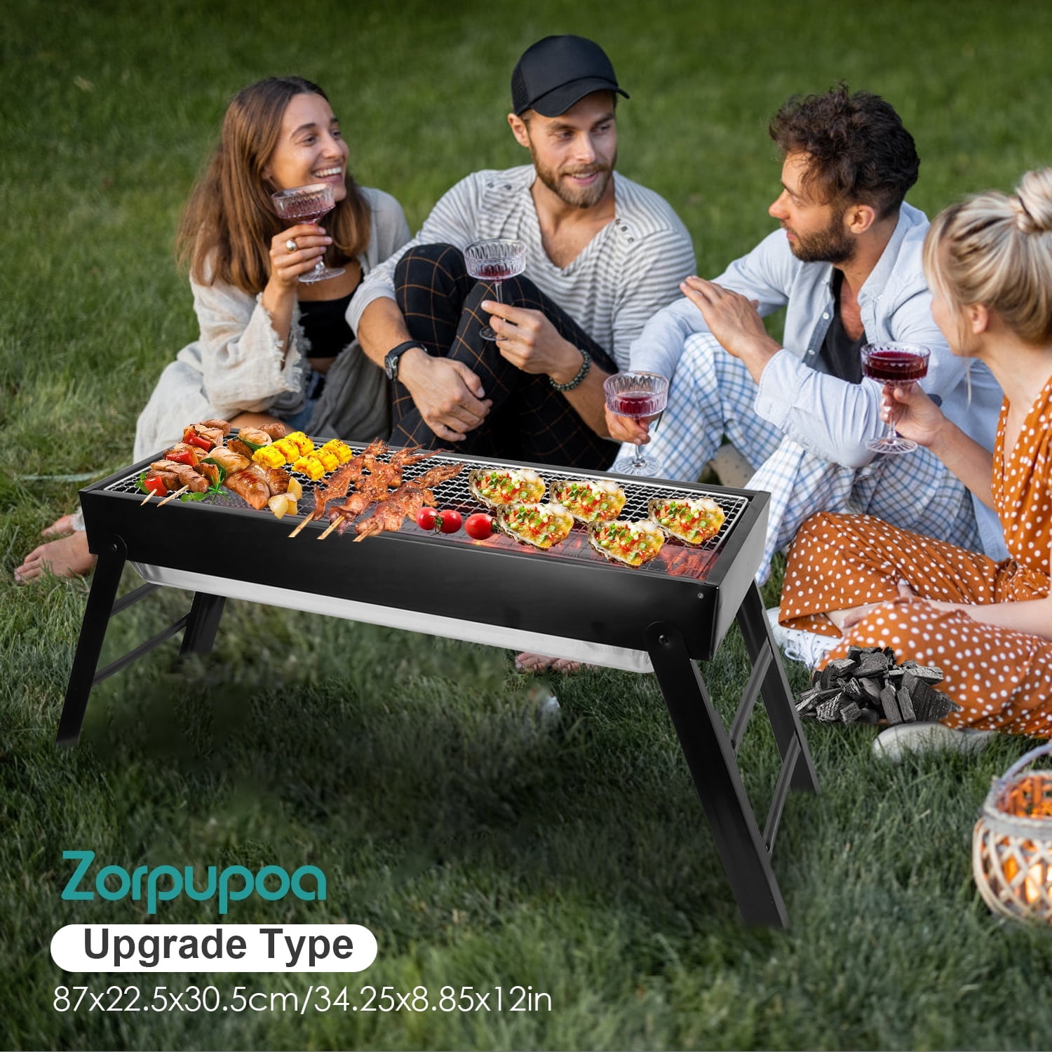 Zorpupoa Foldable Charcoal BBQ Grill Portable Stainless Steel Tabletop Grill for Camping and Outdoor Cooking (Black, 21.85x8.85x12 in) wrd1d