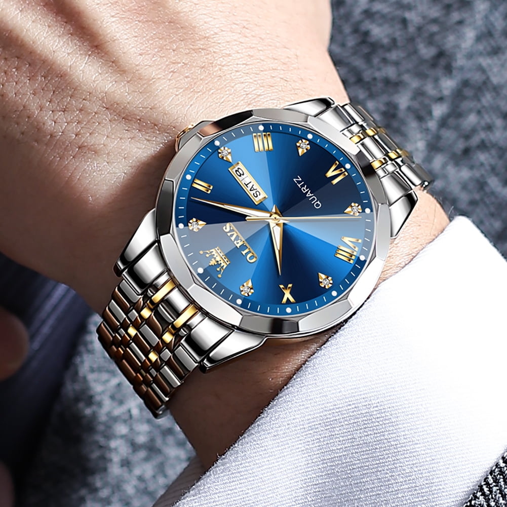OLEVS Men's Diamond Analog Quartz Dress Watch Stainless Steel Waterproof Business Wristwatch (Blue, 1.6 in) fduvn