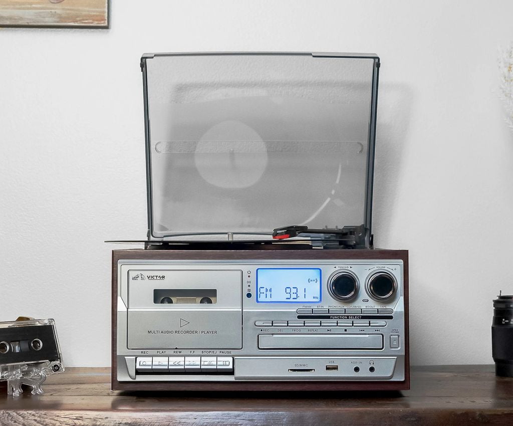 Victor Cosmopolitan 8-in-1 Turntable Music Center with 3-Speed Record Player, Bluetooth, and USB Recording (Brown, 1 Unit) sb4rb