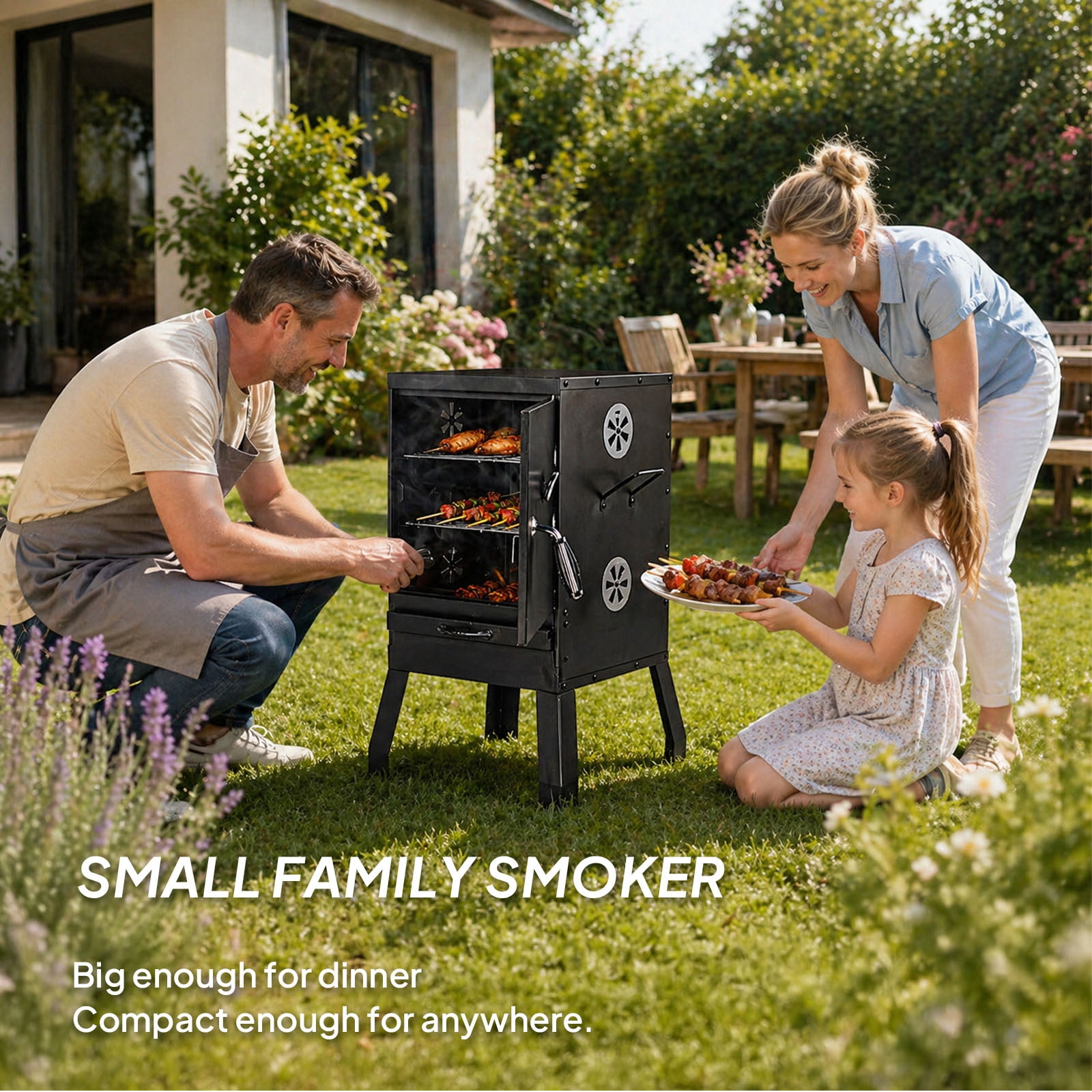 BIBIVIS Portable Vertical Charcoal Smoker Grill with Thermometer and Dual Racks (Black, 31.5 in Height) 3ywyk